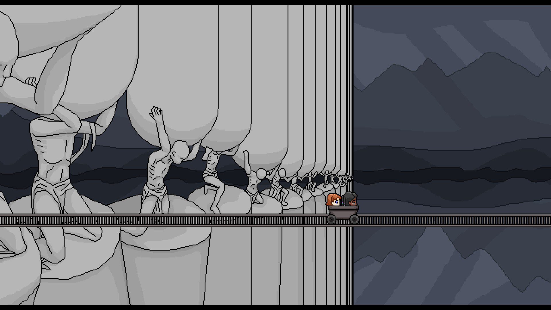 A collection of statues of people holding back immense weights seems to go to infinity in the background
