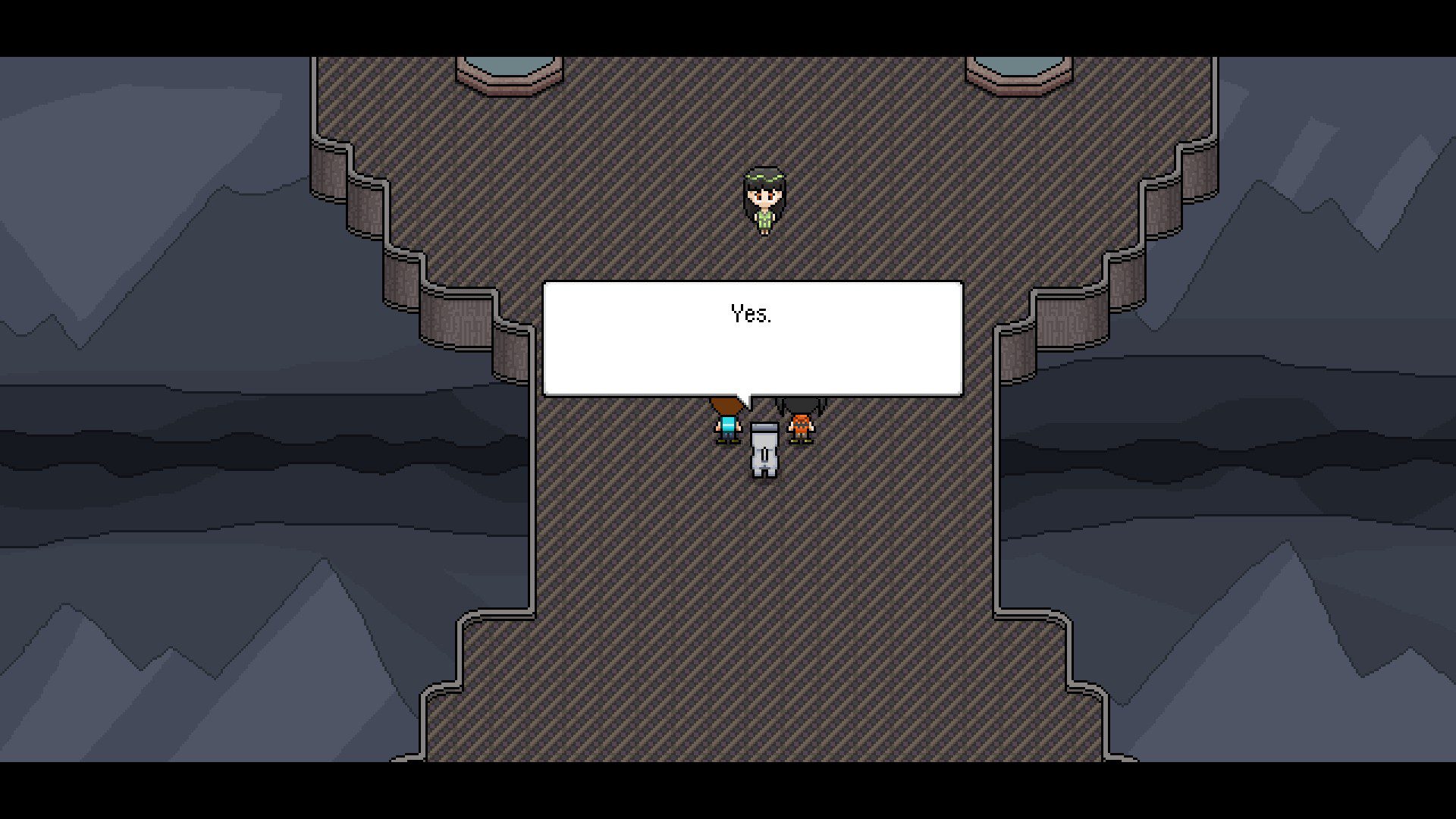 The two kids and their robot dog standing in front of another kid. The big textbox reads "yes."