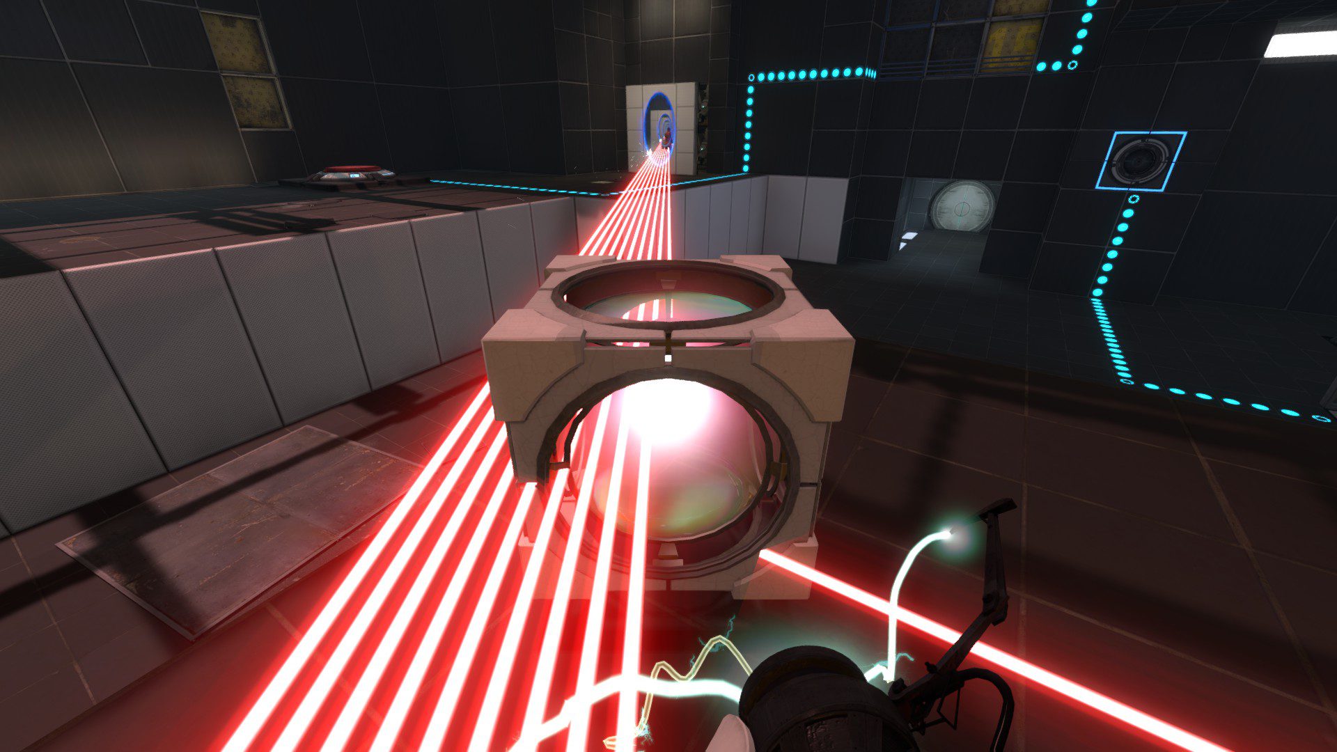 The laser cube pointing a laser at itself through a portal, creating a loop that creates a total of 10 laser beams including the original one