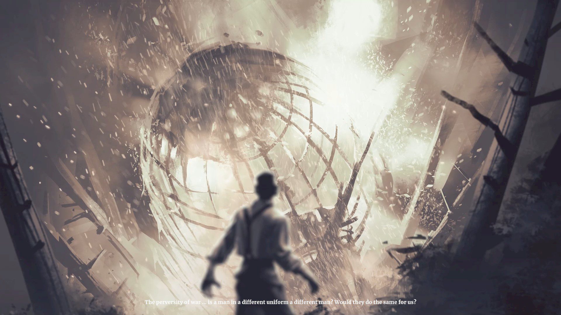 Animated intro asking whether a man in a different uniform would help the wounded as much as the character does
