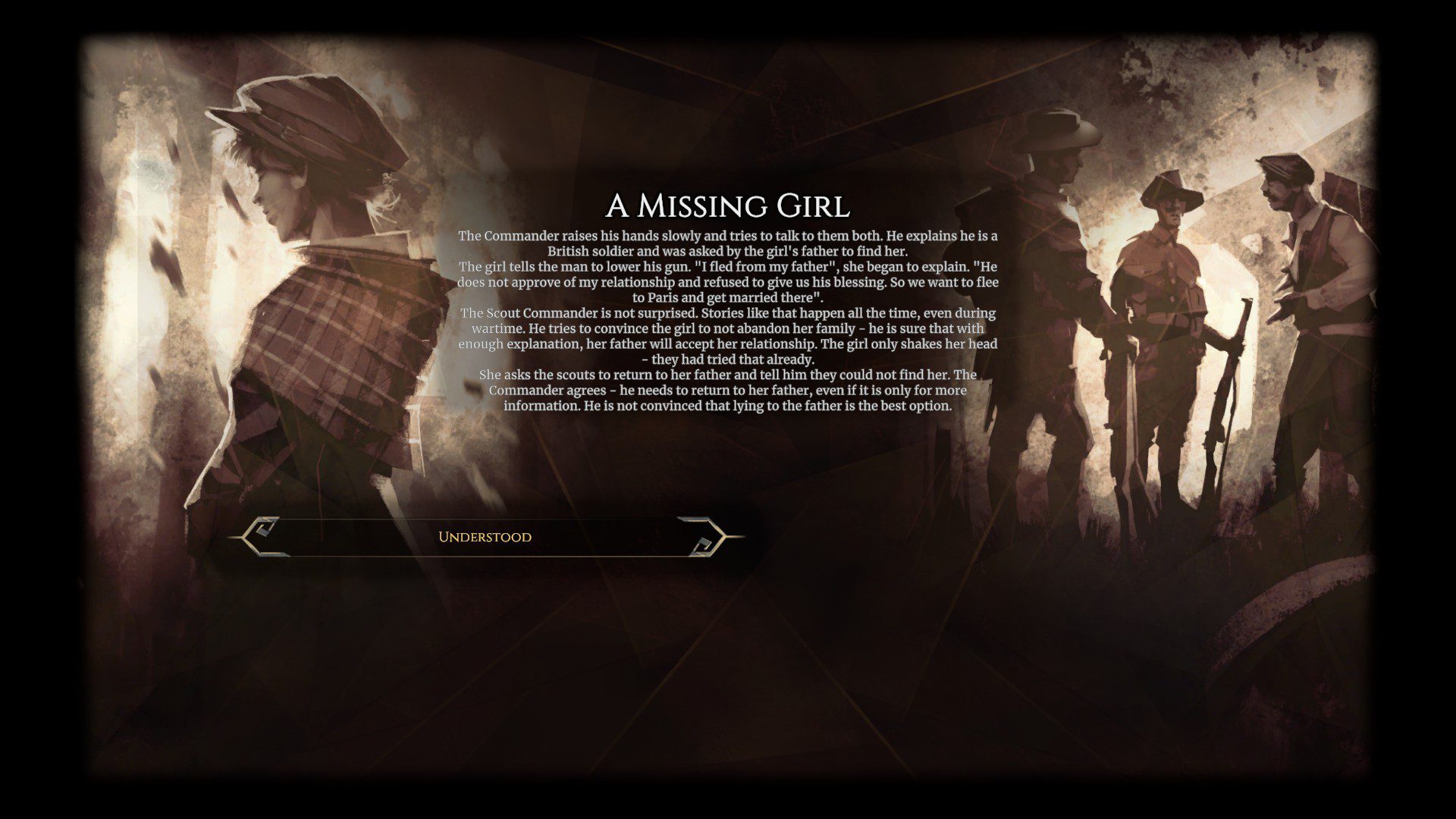 A screen describing a situation where a girl ran away from her father's home with her lover because the father disapproved of them.