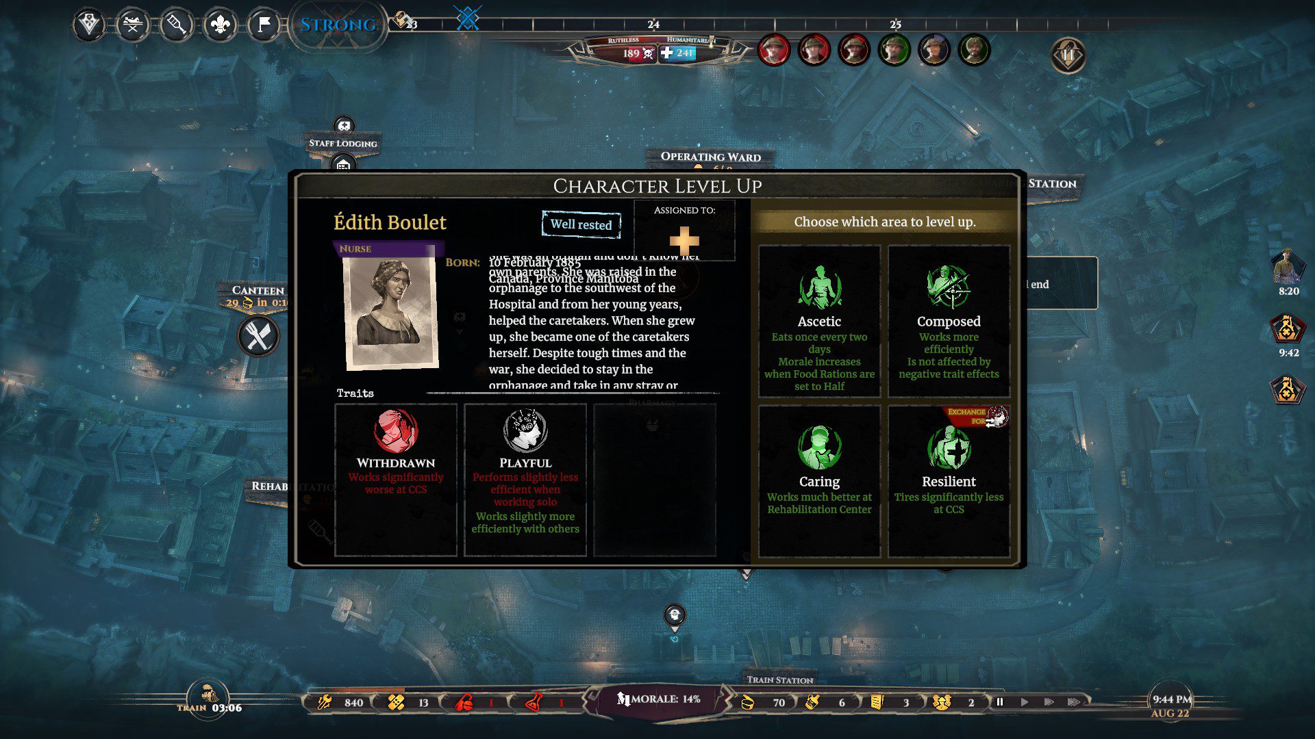 The perk system. The text about the nurse scrolls and overlaps on top of the window.