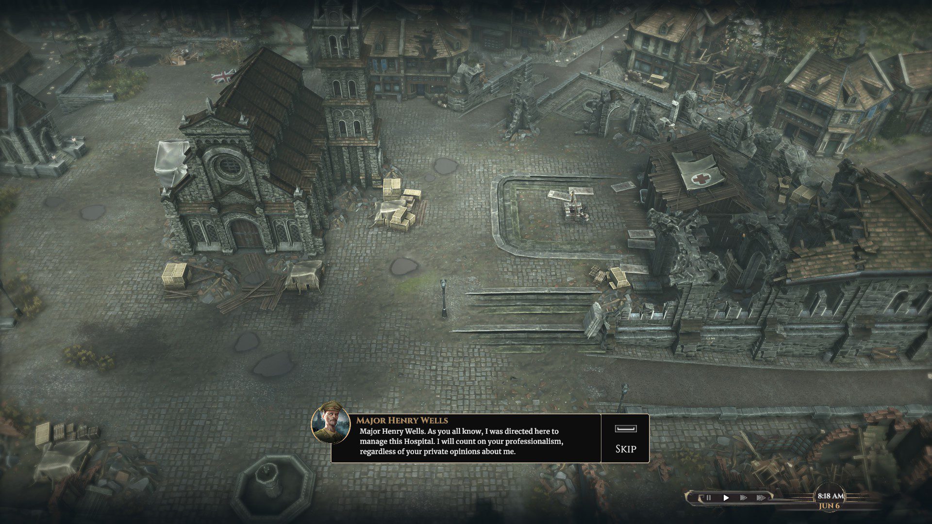 Major Henry Wells taking control of the titual war hospital in the middle of the screen. On the right is the place where patients await surgery.