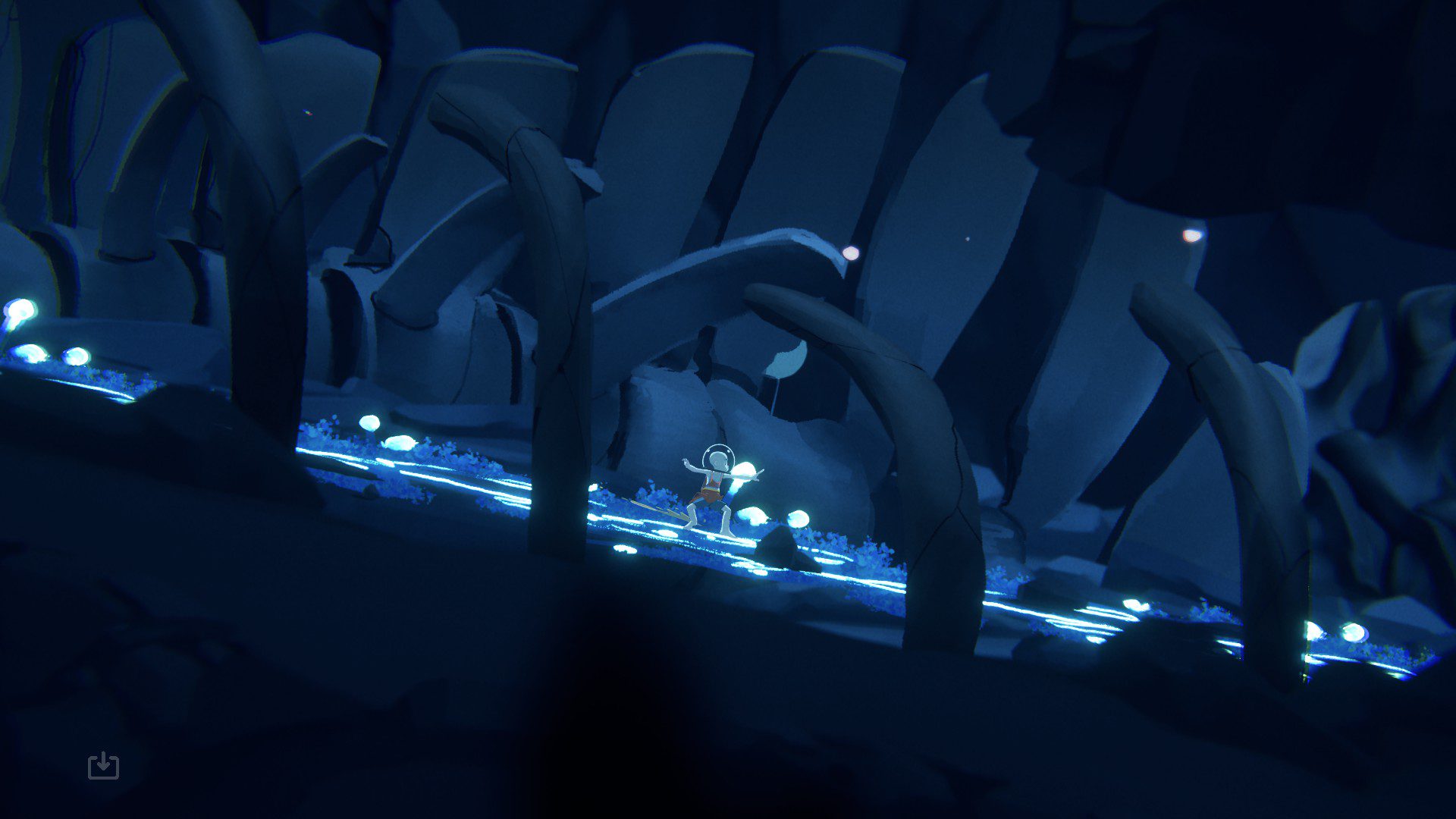 The cub sliding down inside the bones of a giant creature