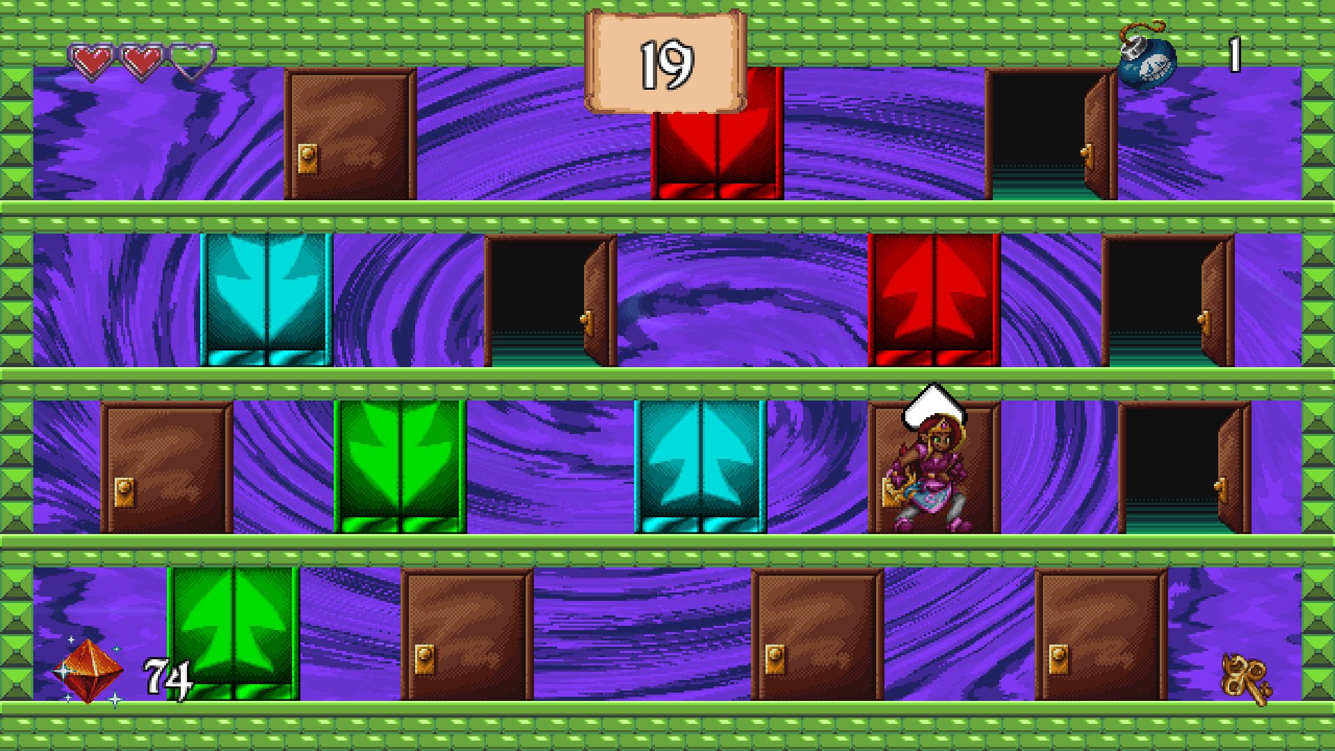 A bonus stage featuring doors Arzette needs to close by traveling up and down elevators, with a timer at the top