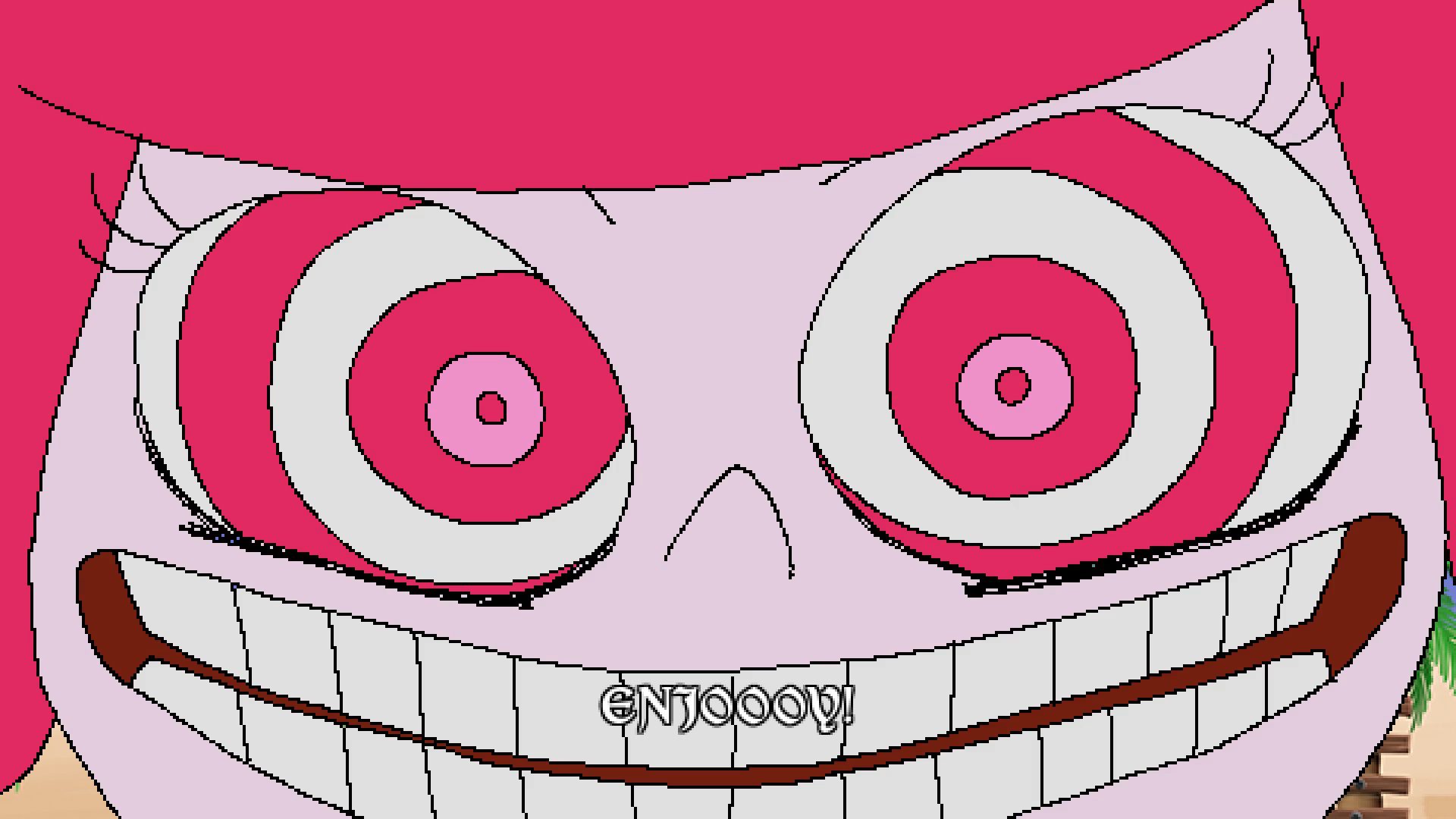 A close up of a face with swirling pink eyes