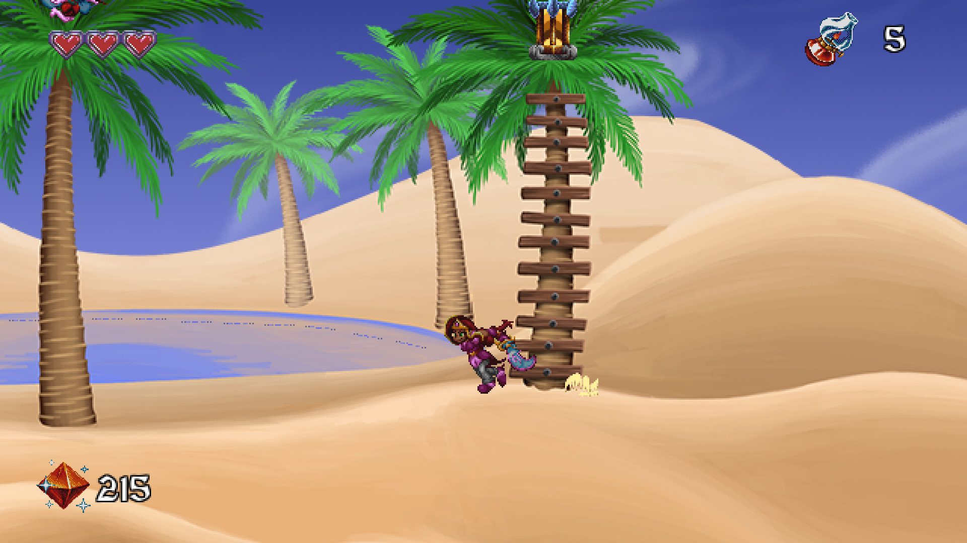 Arzette in a desert with palm trees and an oasis in the background