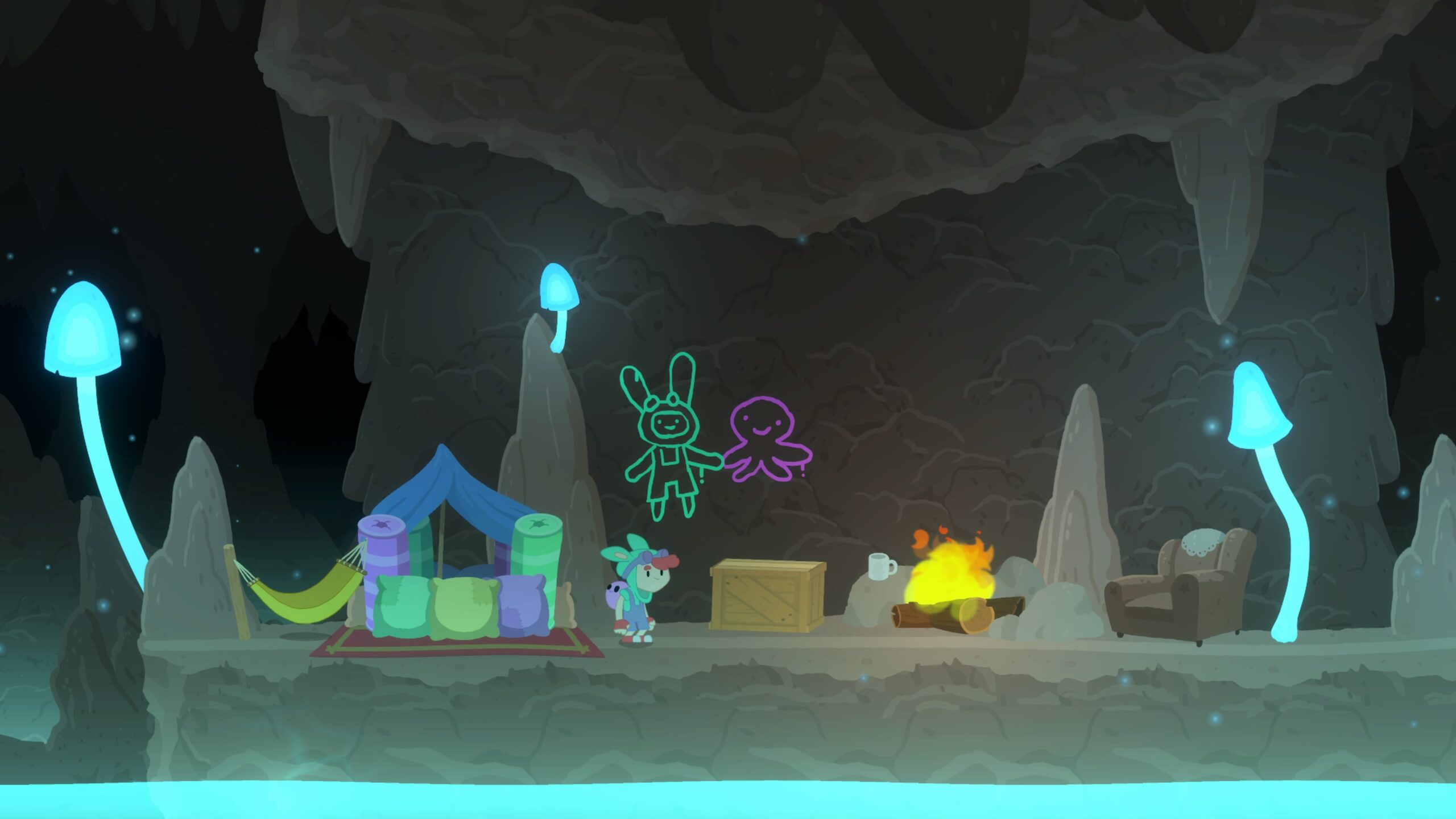 Promenade character in a dark cave with glowing blue mushrooms