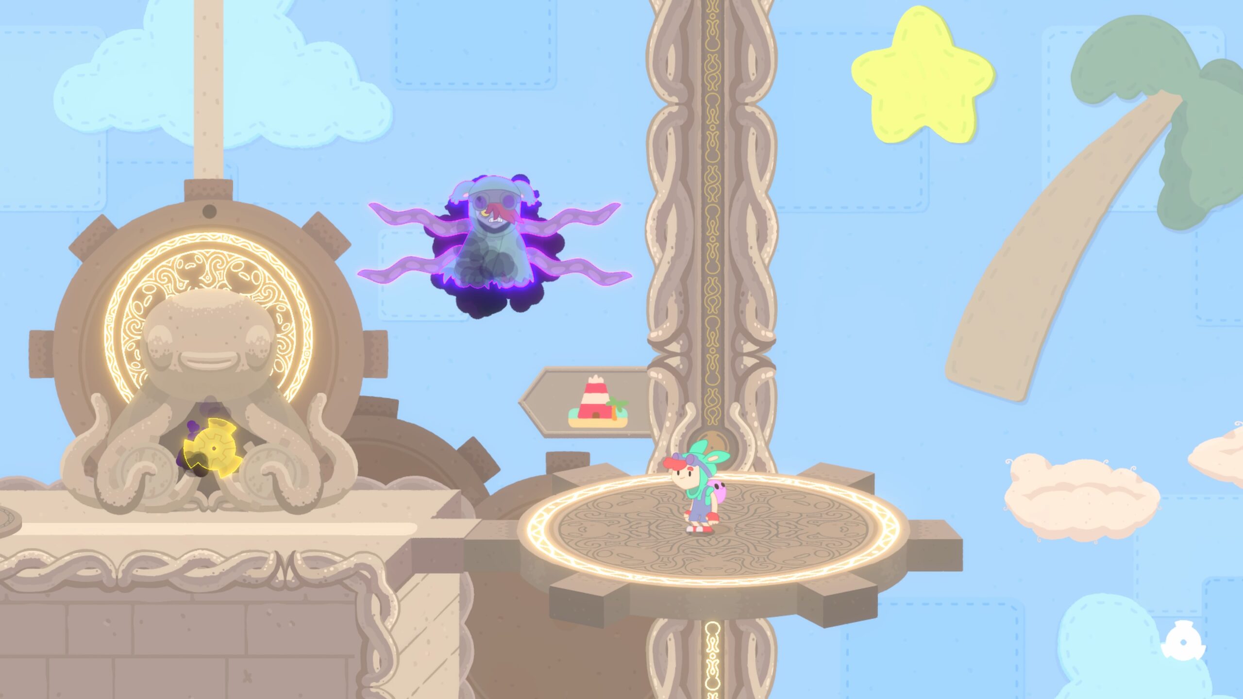 Promenade, the grand elevator with a blue sky in the background and the dark purple entity destroying the mechanisms.