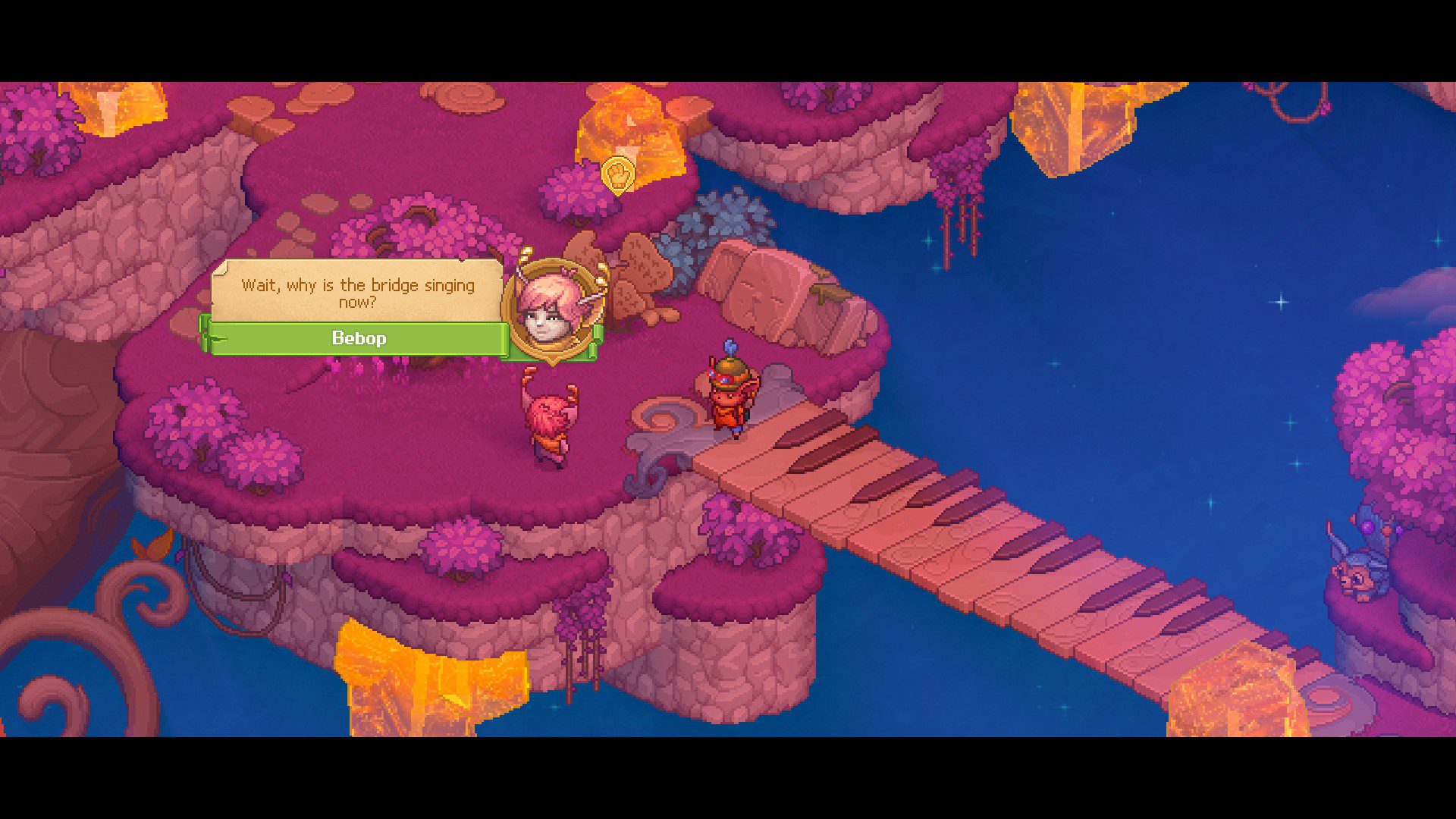 A yordle asking: "Wait, why is the bridge singing now?" next to the piano bridge