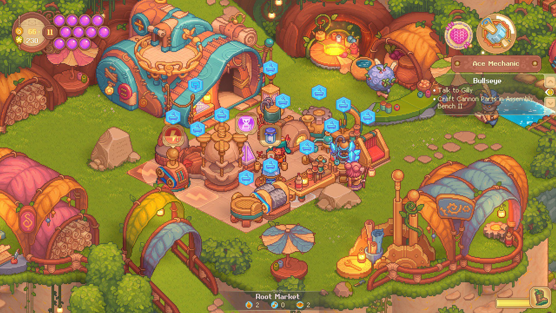 A screenshot of around 15 workbenches on a carpet outside the backpack house