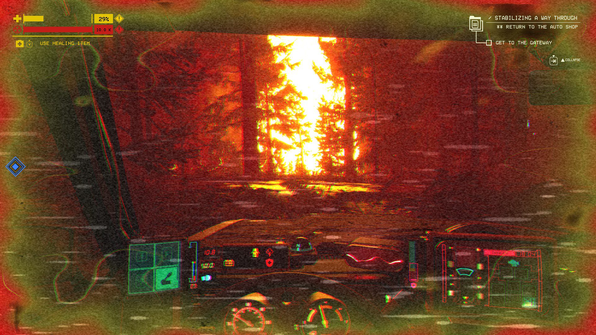 Green aura around the player's point of view indicating the radiation taking over. Low health and fuel, driving towards a large pillar of light