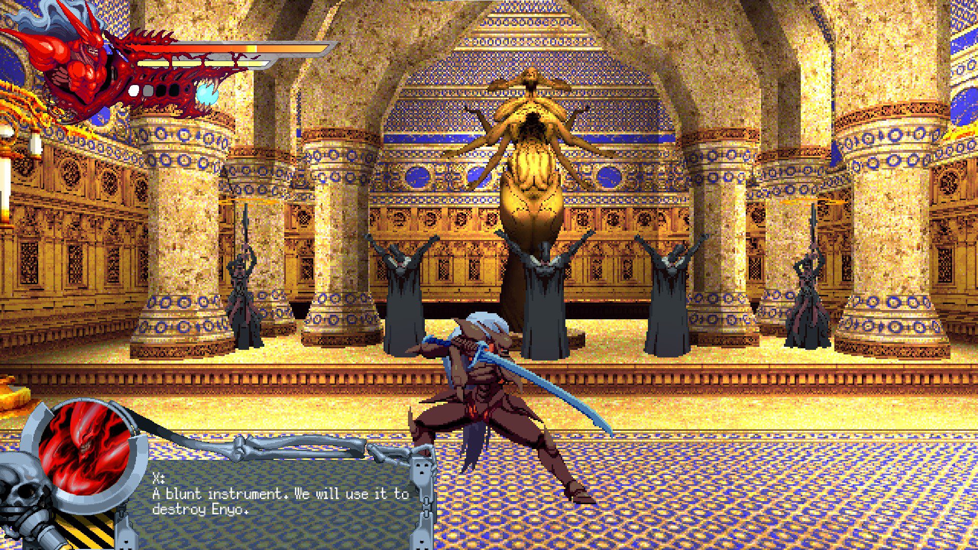 SlaZXTemple A golden temple with cultists in the back praising a golden statue
