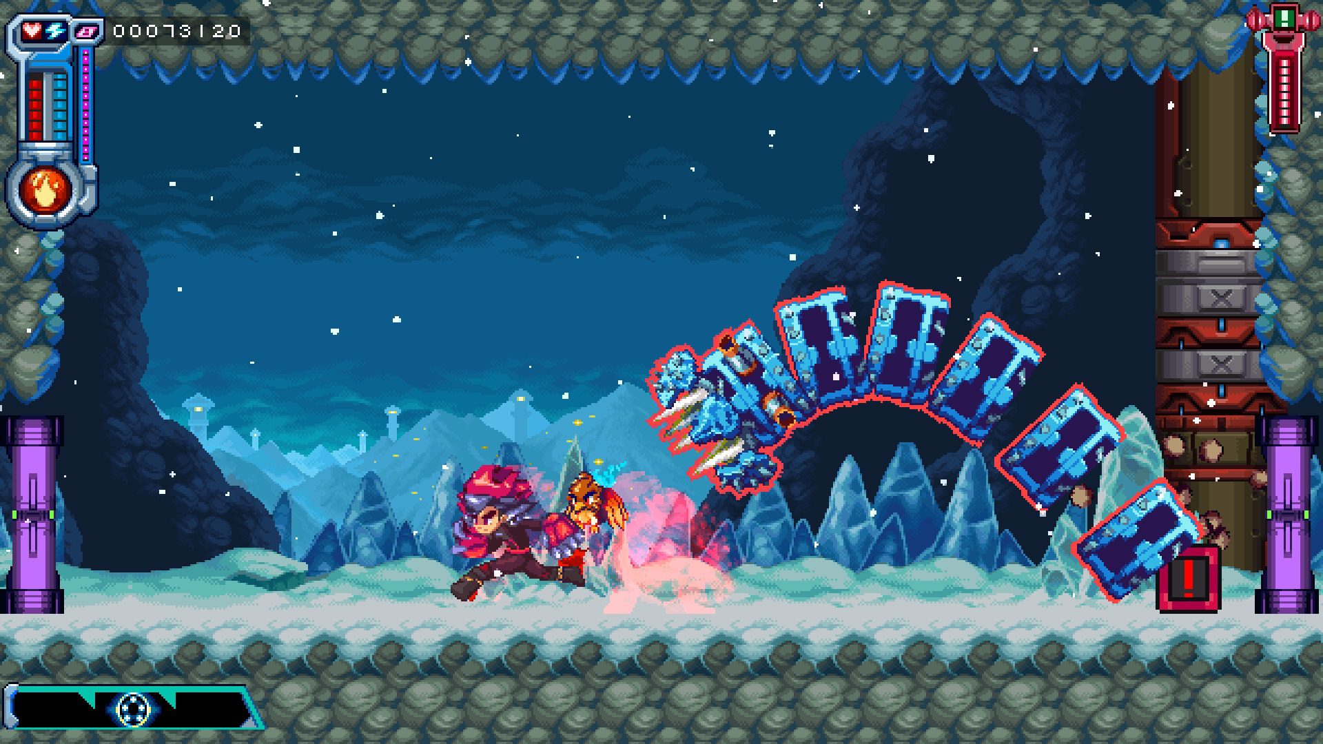 BeBoyLine Fighting a blue worm enemy with a red outline in a predominantly blue environment as a character in a red suit living behind a red outline