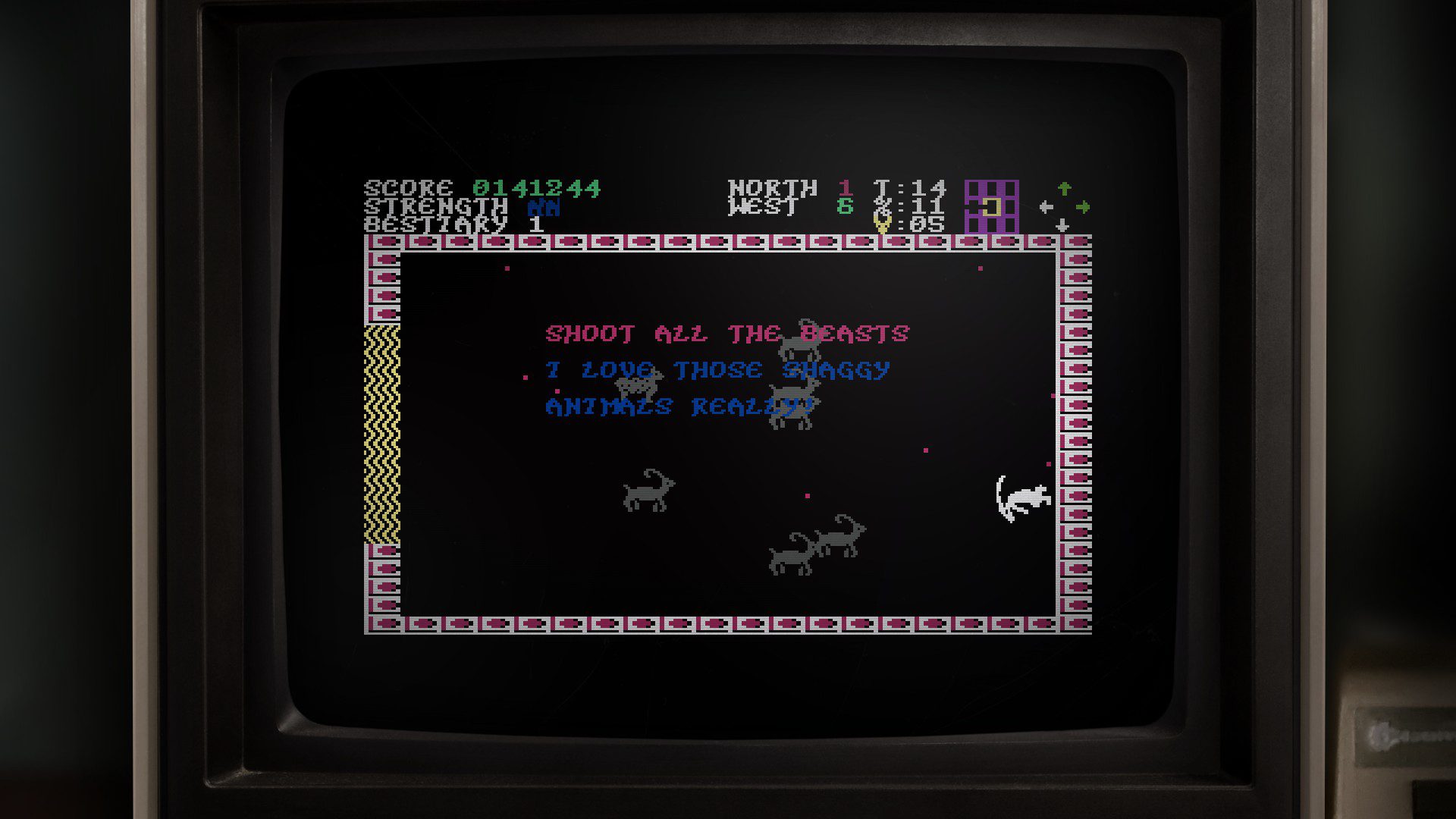 Screenshot of the game Ancipital with the text reading "Shoot all the beasts, I love these shaggy animals really!"