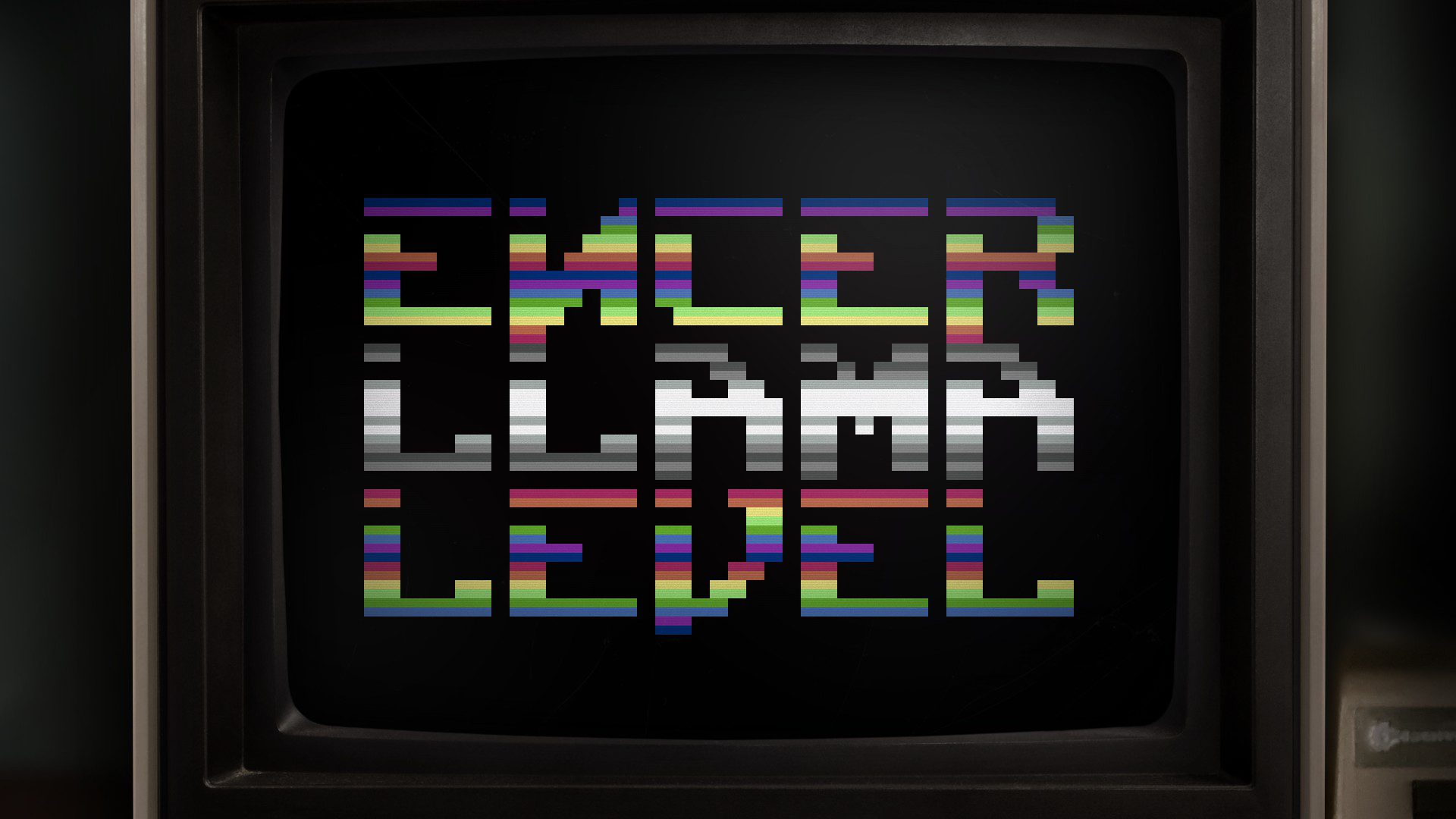A chunky text on the screen-inside-a-screen reading "enter llama level"