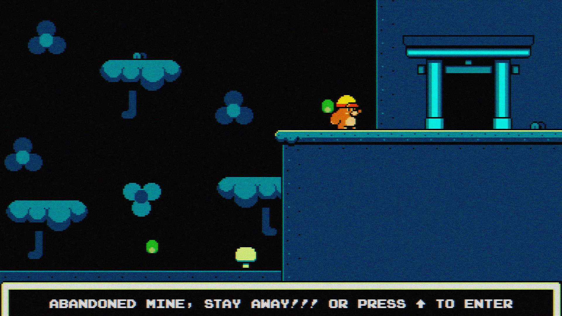 MatM Momo the mole standing in front of a doorway. Textbox at the bottom reads "Abandoned Mine, Stay Away!!! Or Press Up Arrow To Enter"