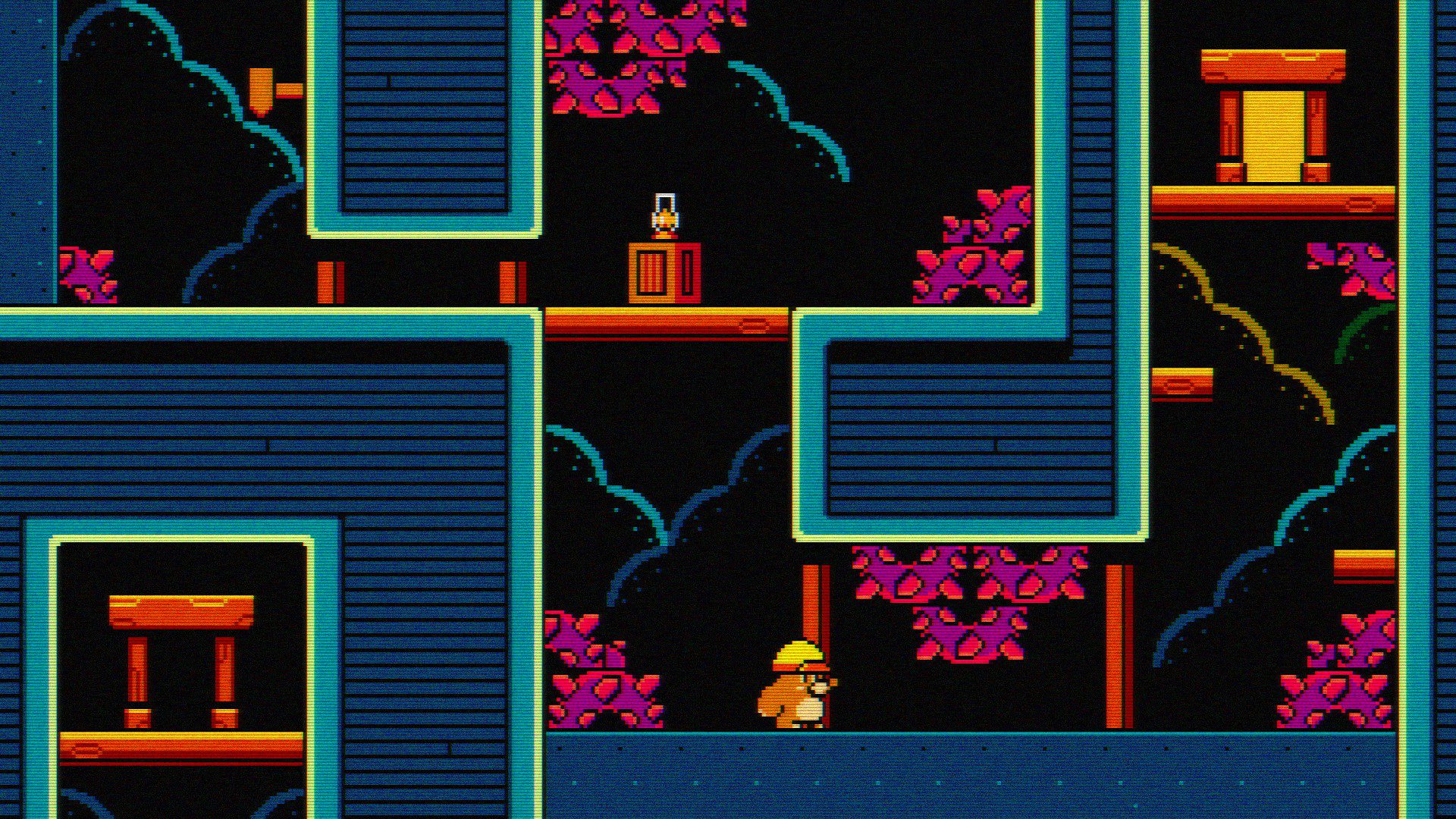 MatM A level filled with wooden bridges, yellow lights, pinkish spikes and blue/green platforms.