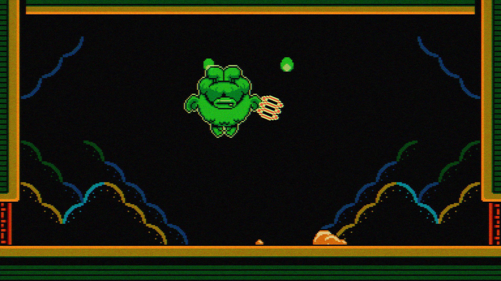 MatMDig A boss encounter with a green spirit shooting yellow energy circles. Momo is burrowing underground.