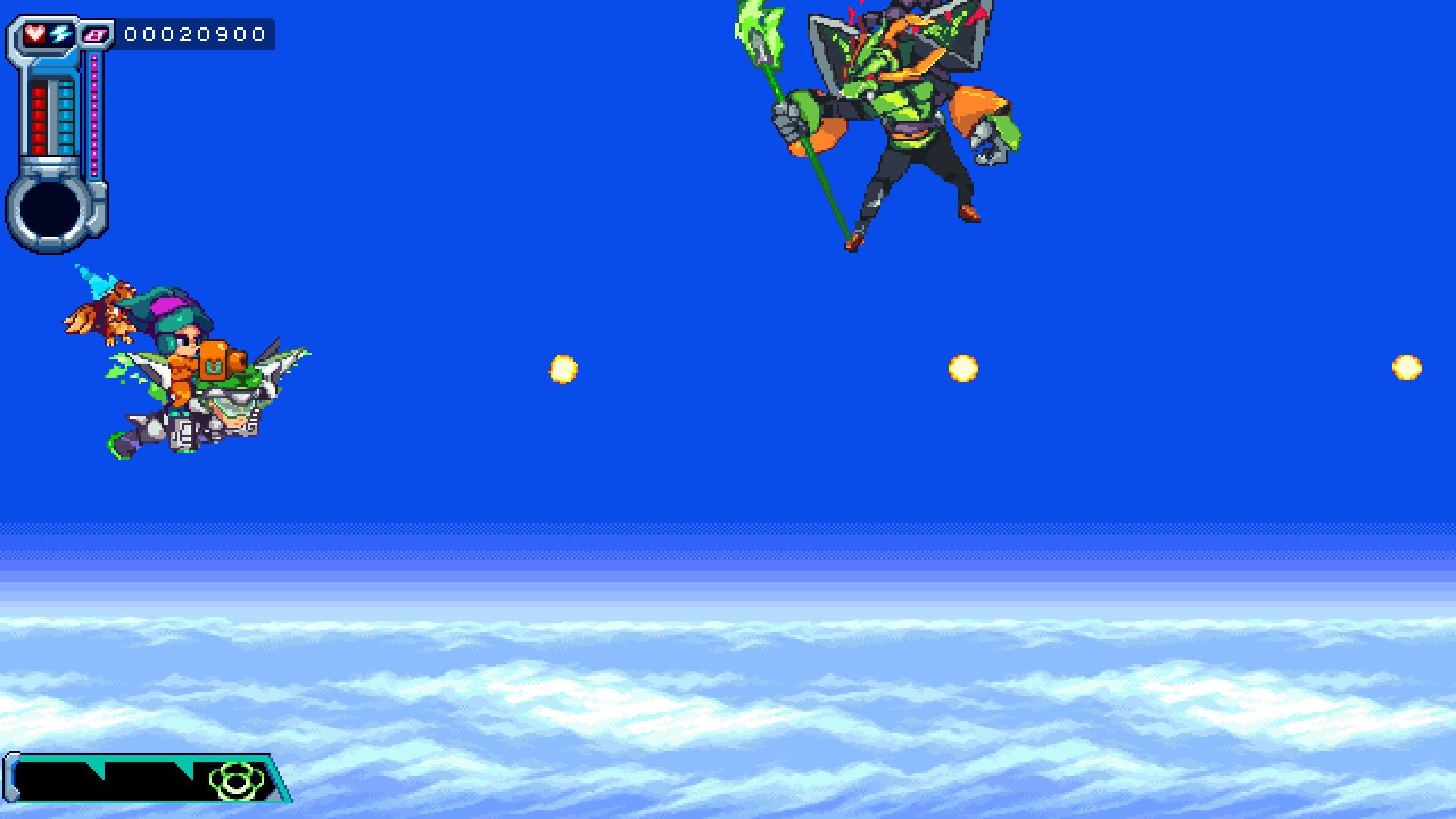BeBoyScroll Sidescrolling section while wearing a green suit and the friend character from the first screenshot shooting a gun while on the main character's back.