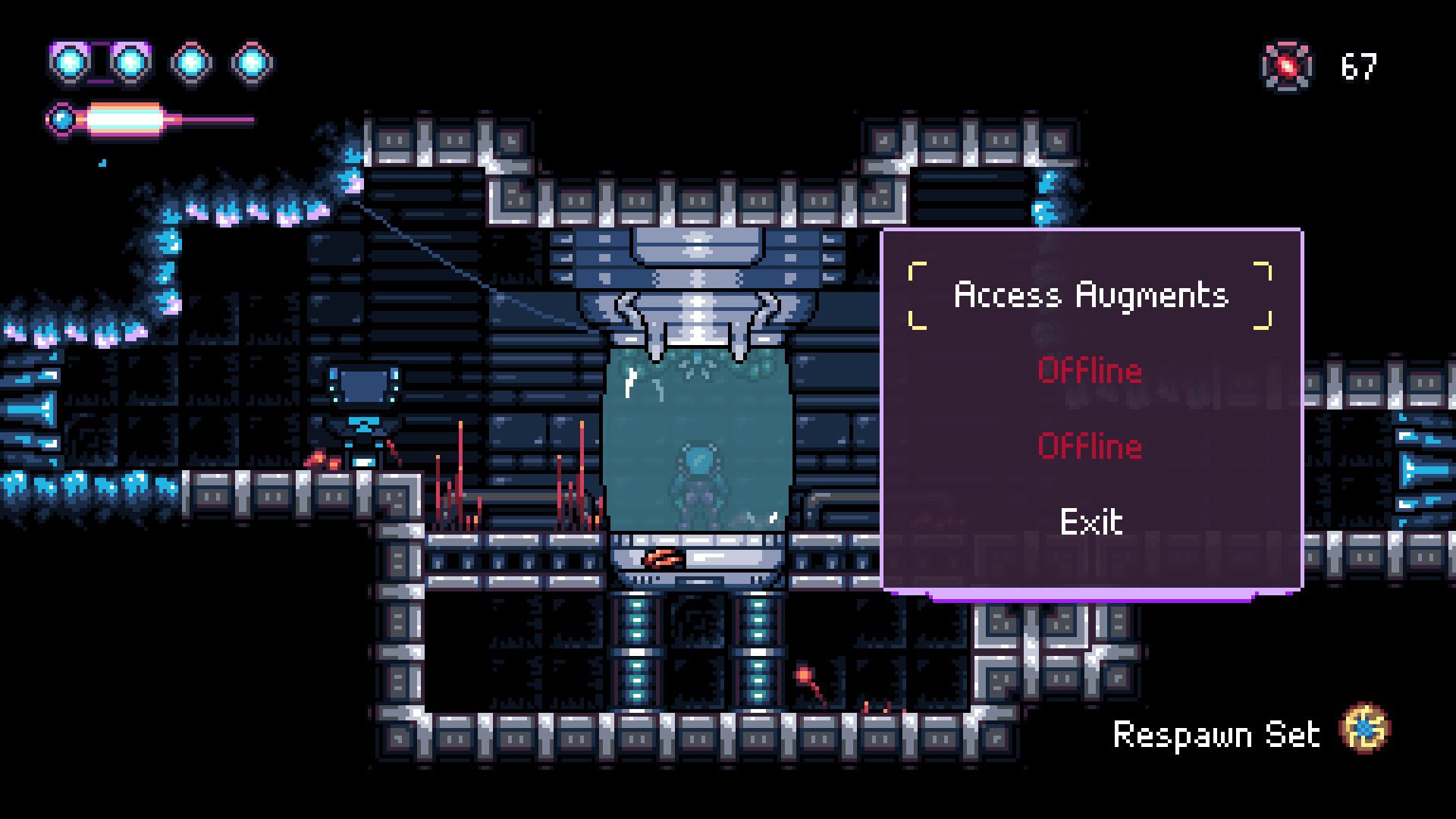 ReTraAug The main character inside a stasis pod. Menu with "Access Augment" option highlighted.