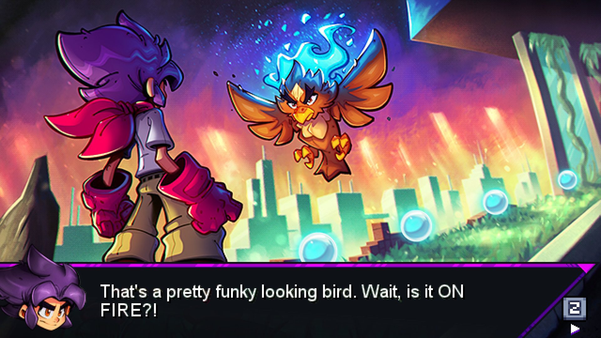 BeBoyArt Berserk Boy in front of an owl saying the bird looks funky and asking "is it on fire?" in a different artstyle than most of the game