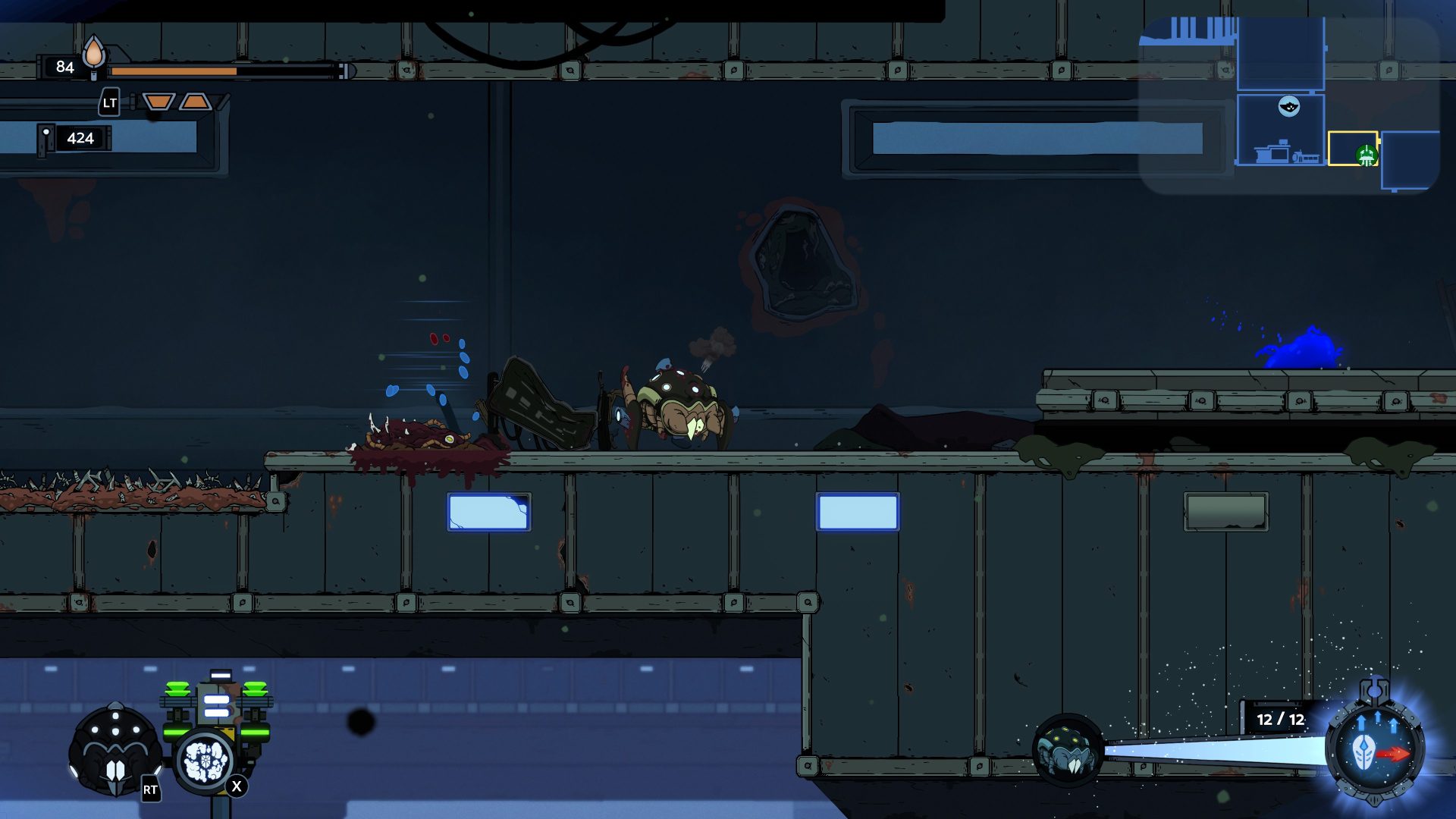 Here you can see the remains of an enemy, Harlo morphed into that enemy, and in the lower right, the biomorph tracker letting you know that you'd just unlocked the ability to morph into this creature at any time