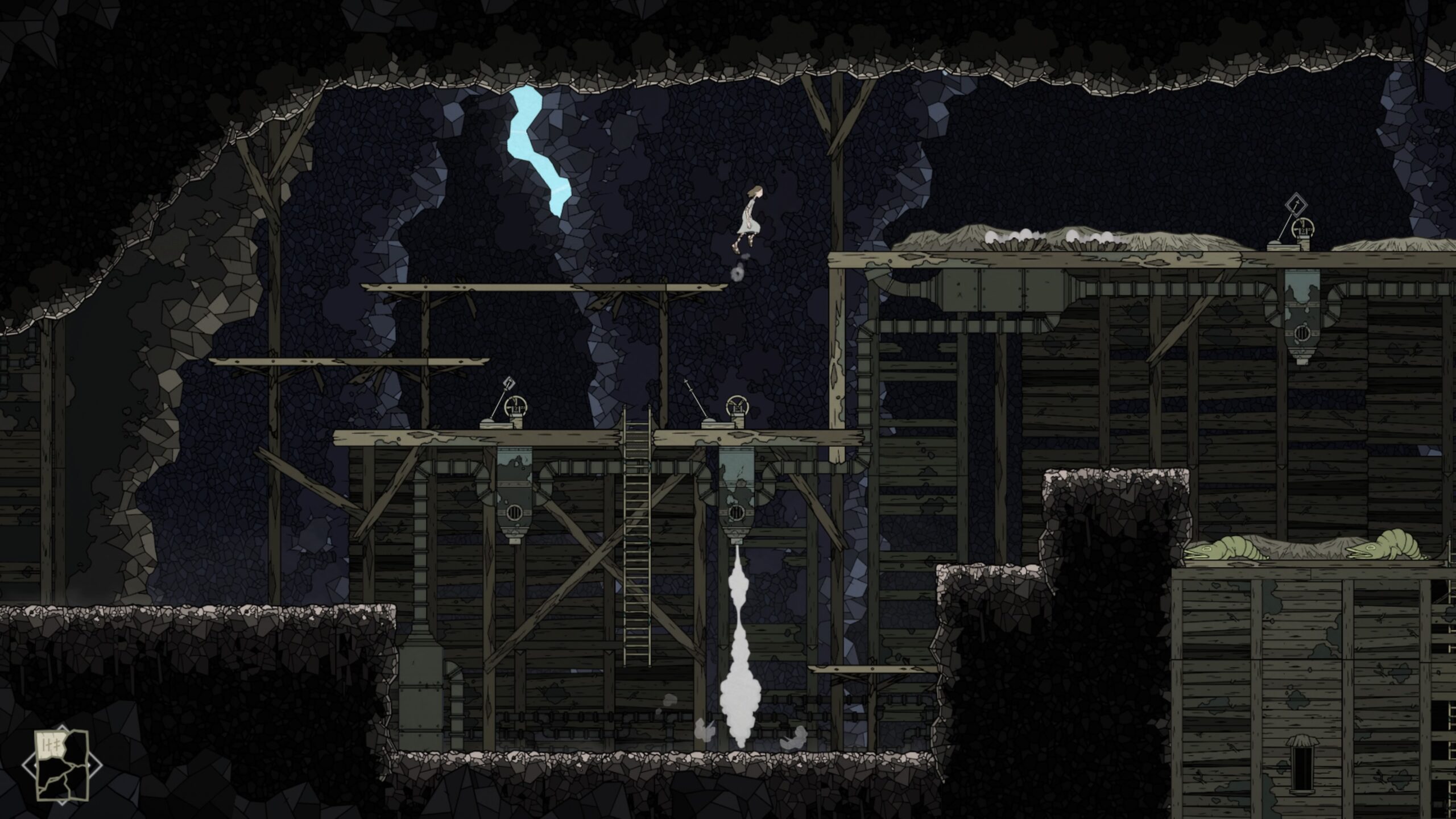 A platforming section from Saviorless inside a dark cave