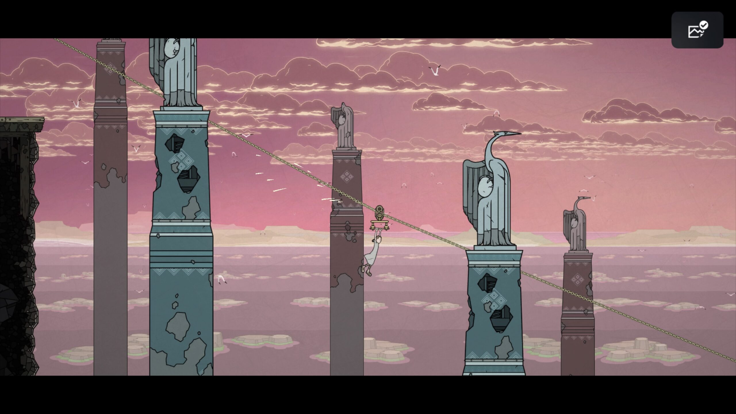 Saviorless protagonist sliding down a rope with large columns in the background.
