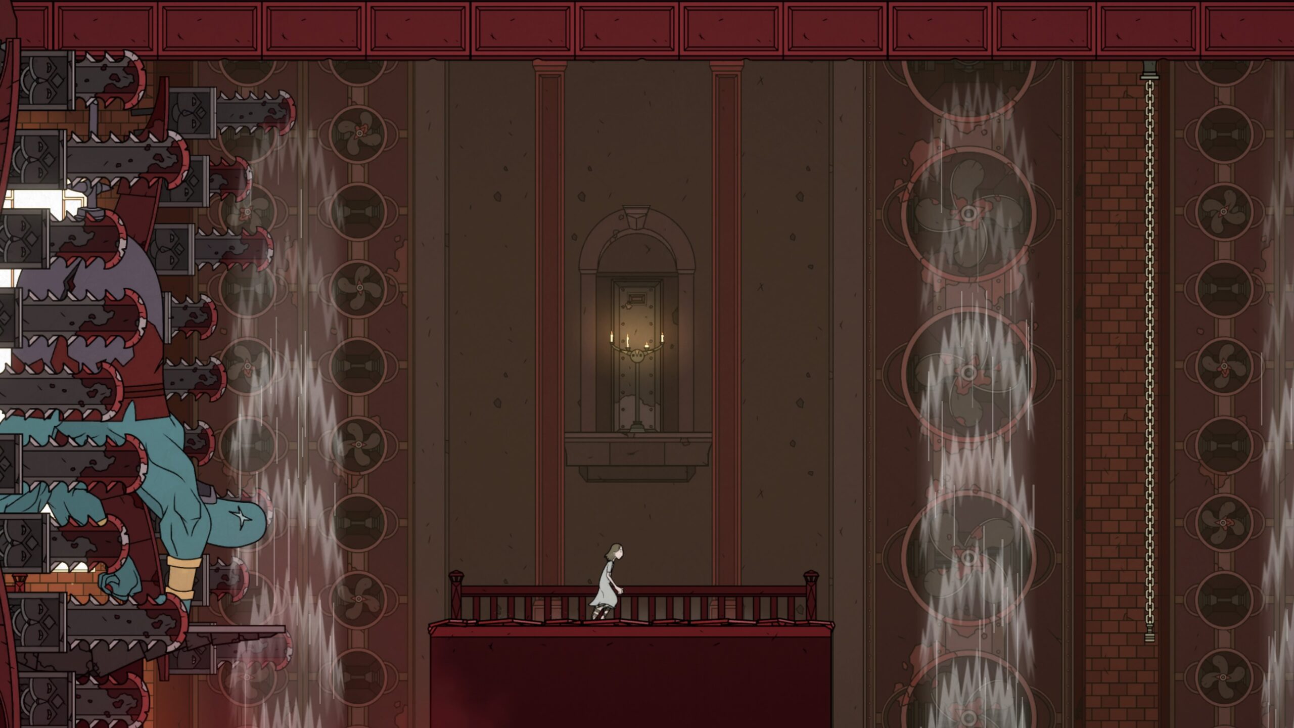 Saviorless large blue monster chasing the protagonist through a mansion.