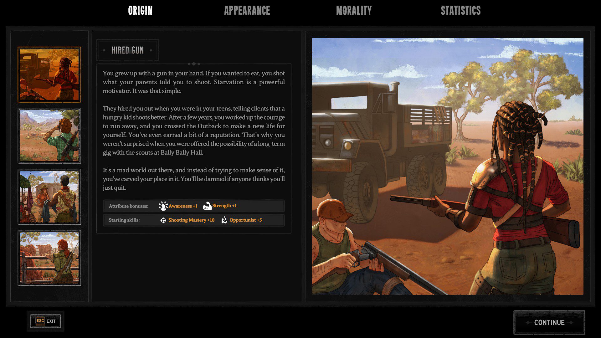 Broken Roads, Character creation menu showing different origin characters.