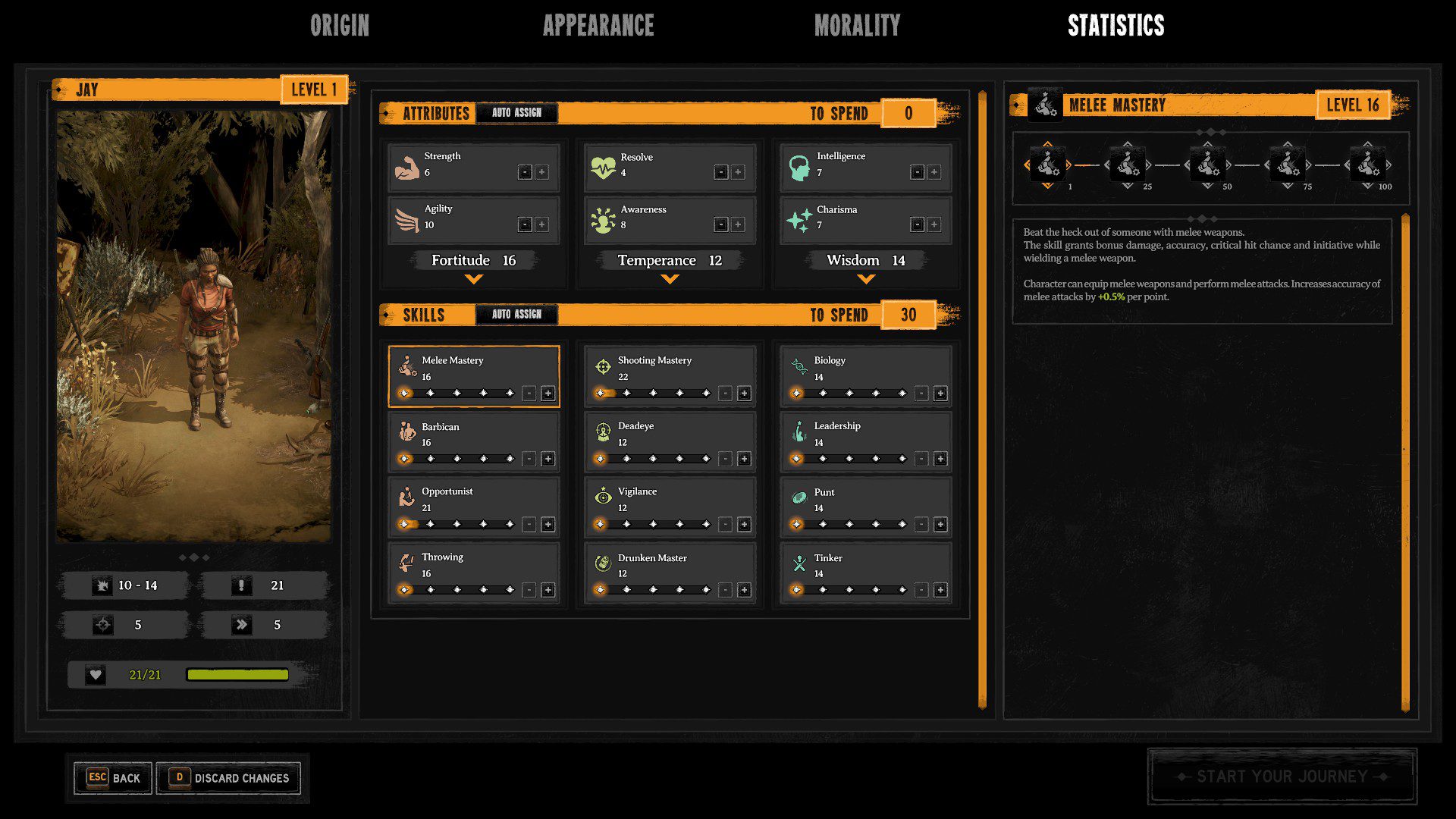 Broken Roads Character Creation Stats Menu