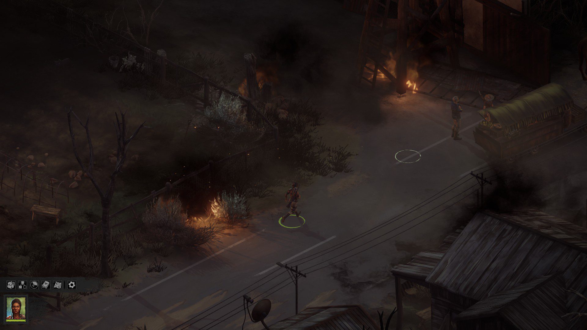 Broken Roads town during night time with small fires spreading around