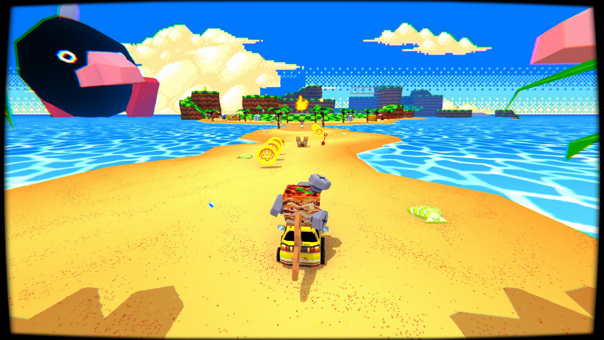 YTGVBomb A beach with what appear to be giant bombs with legs and big noses in the background