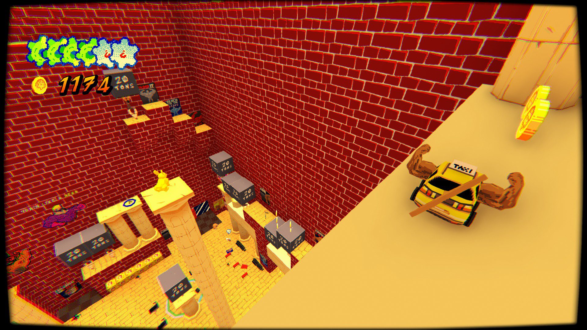 YTGVVertical The taxi sporting a set of buff arms overlooking a set of platforming challenges set in a gym beneath them