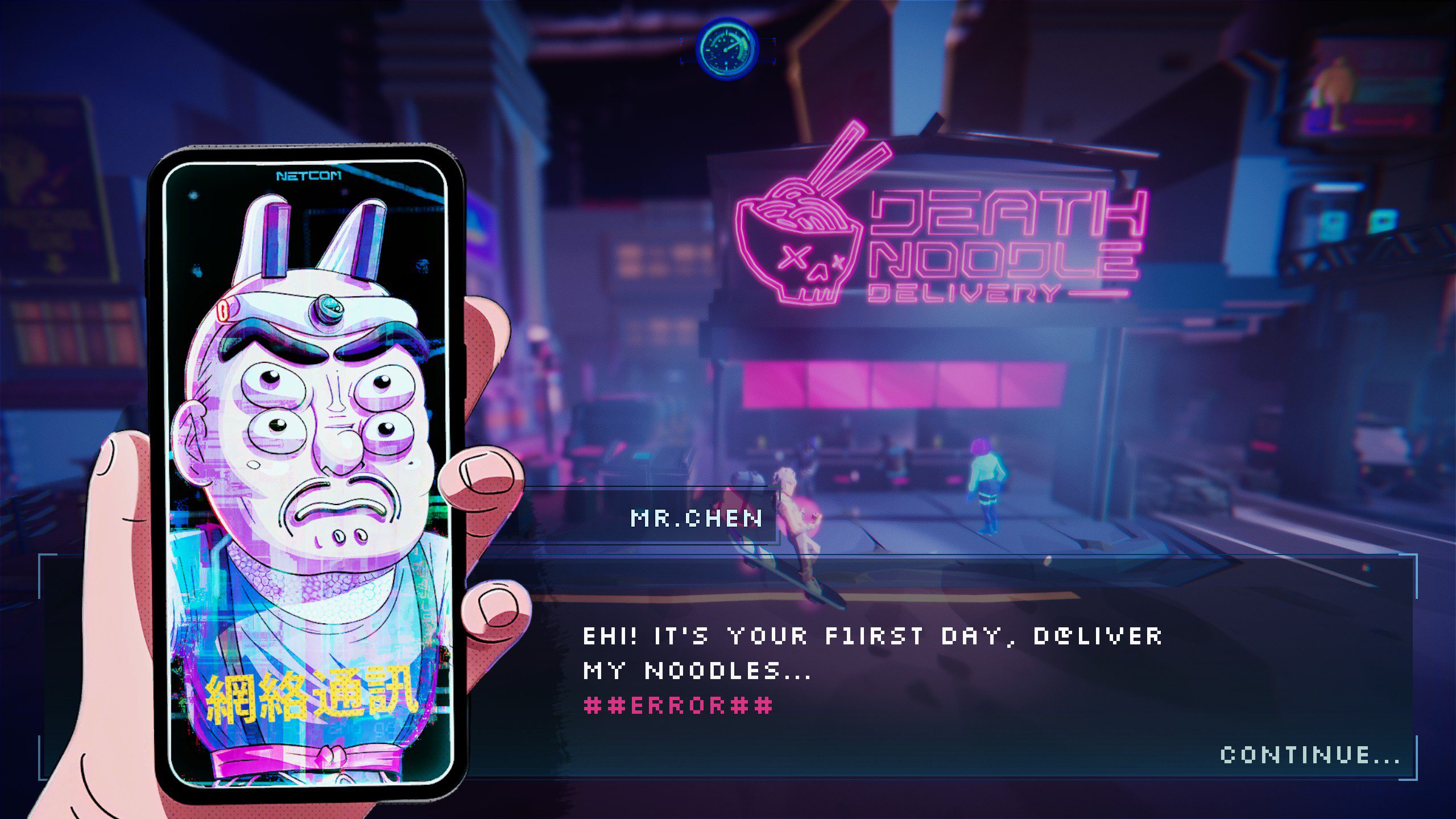 Death Noodle Delivery cellphone showing the picture of the character's boss.