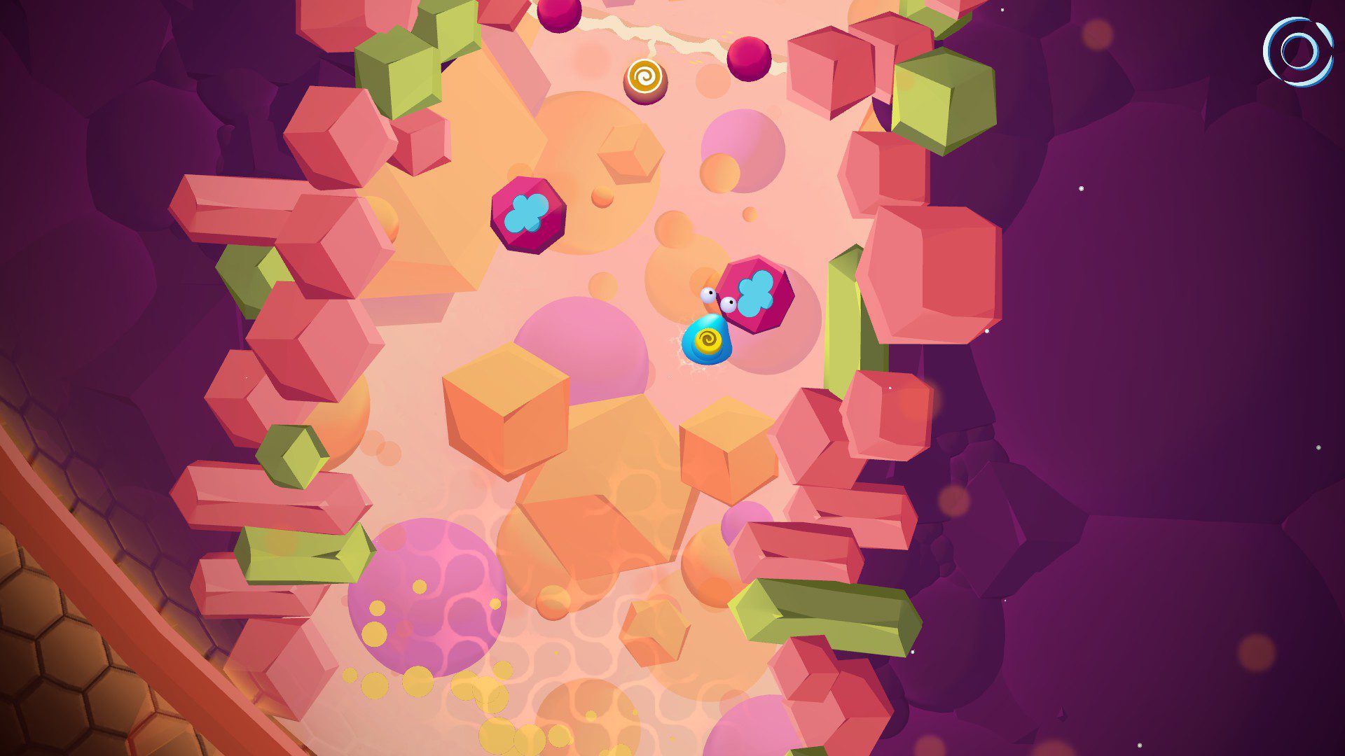 A single-note main blob, unlike its future version with three notes, pushing a purple block around