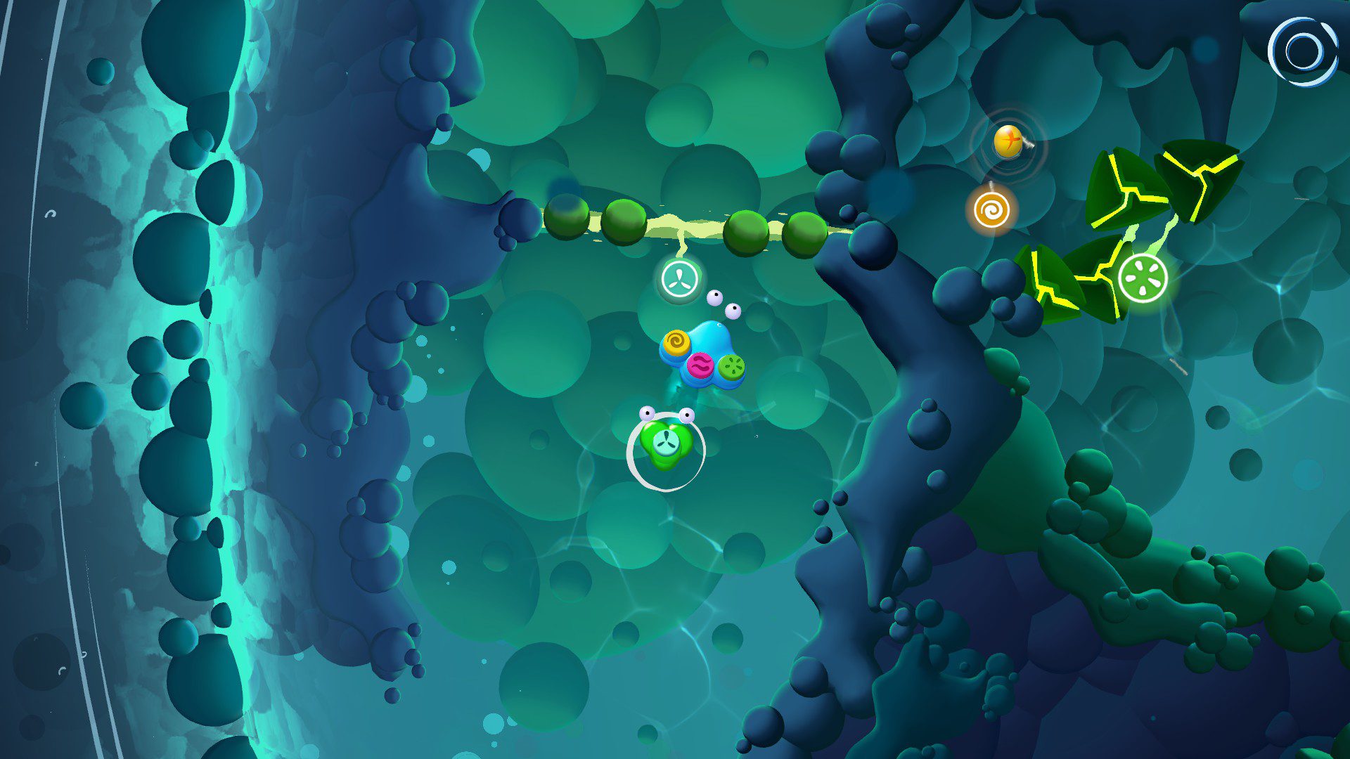 A little, differently colored blob buddy floating behind the main, big blob