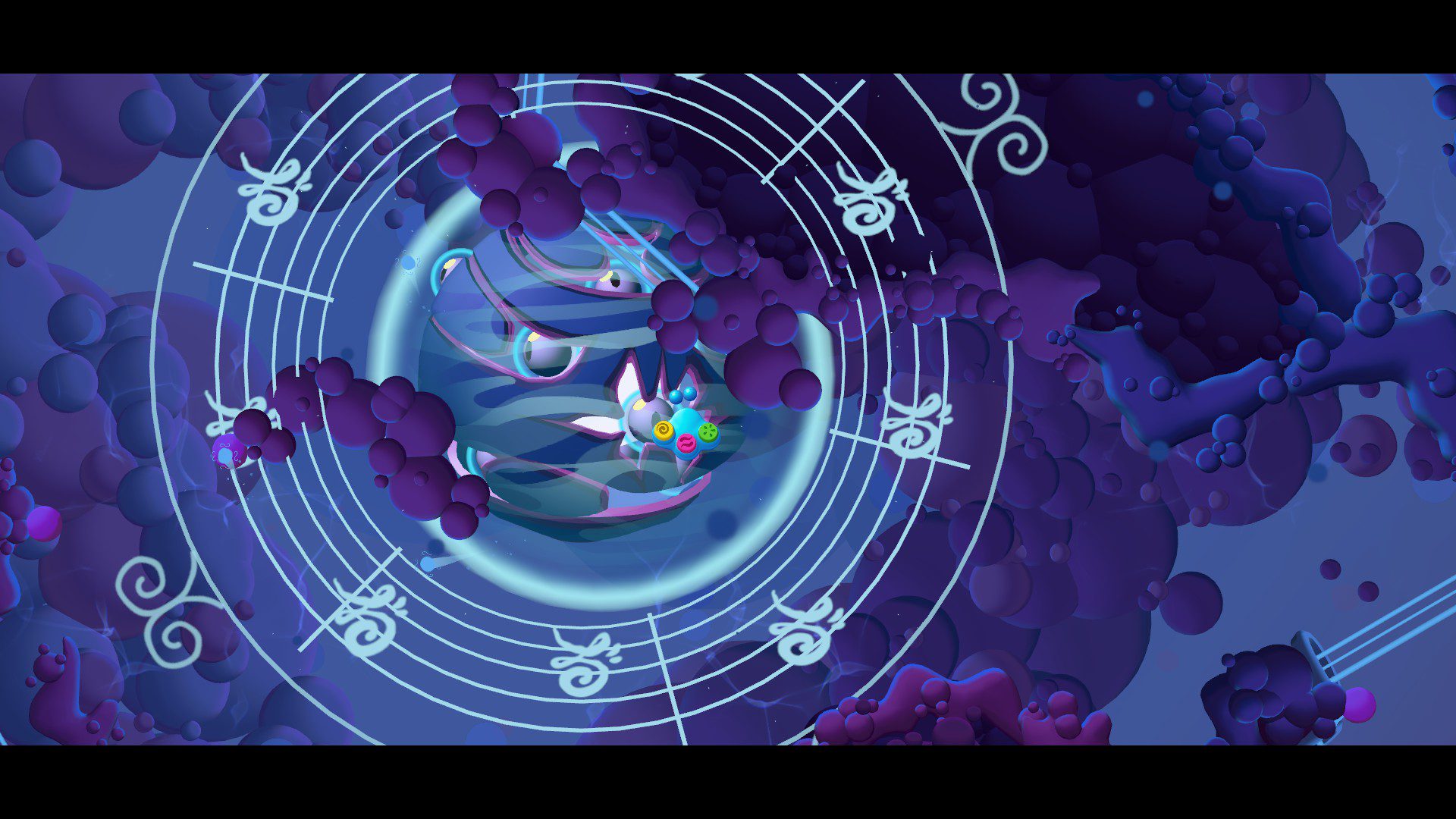 A dark blue and purple background goo, a blue-ish core with eyes poking out of it and a light blue musical staff around it and purple dust covering it. The blue blob has its eyes closed and is vibing to the music