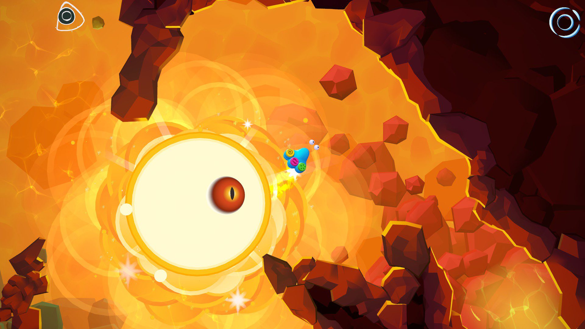 A big yellow eyeball with orange iris looking at the blob floating away through the orange goop