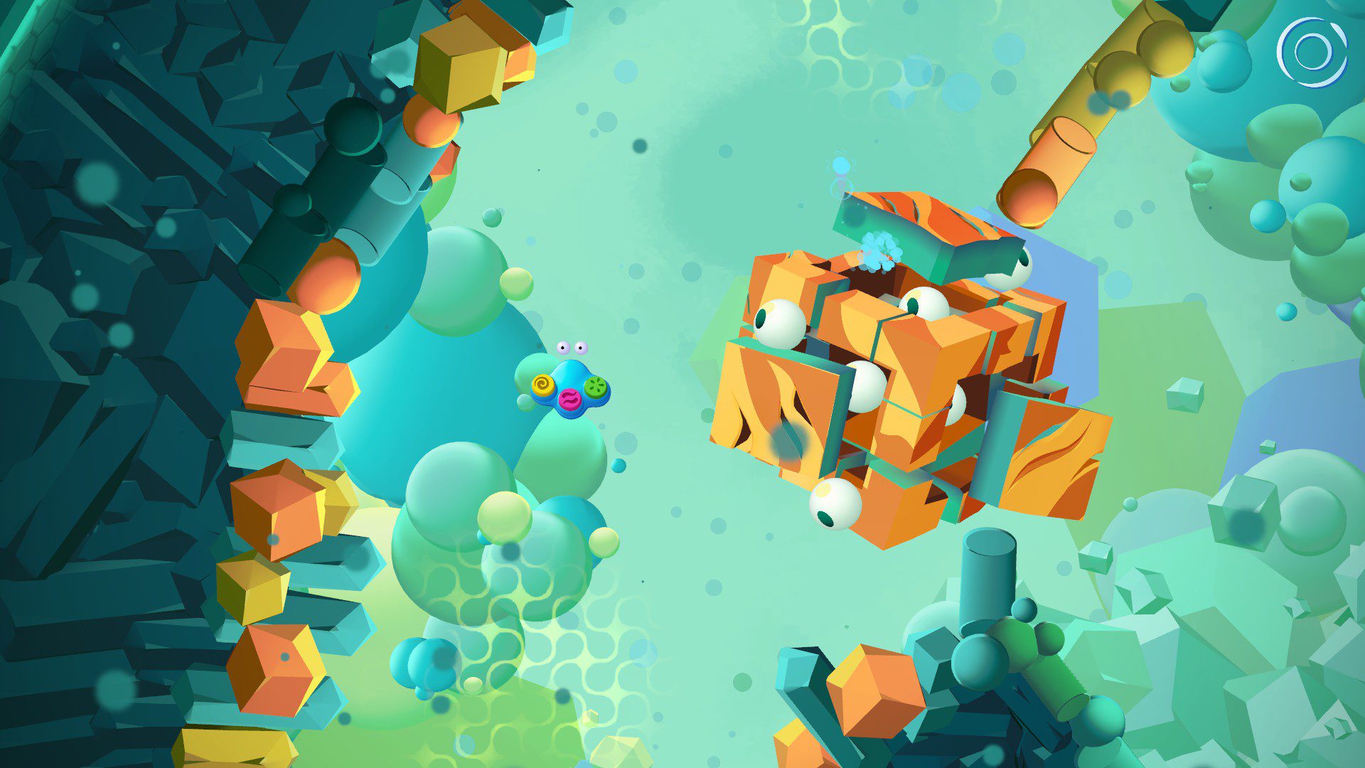 A bunch of eyes escaping from a cube-like shape with smaller cubes coming out of it, as the blob-shape swims on the left side of it inside a planet-shaped object