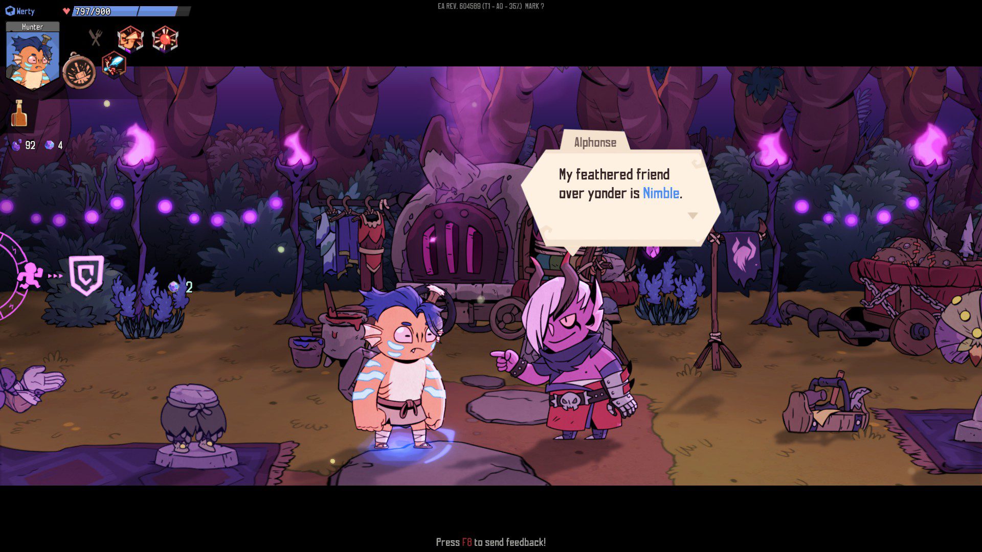 RwodDesign My created character (orange fish-fella) and the shopkeeper (purple devilish white hair emo fella) talking about its pet bird.