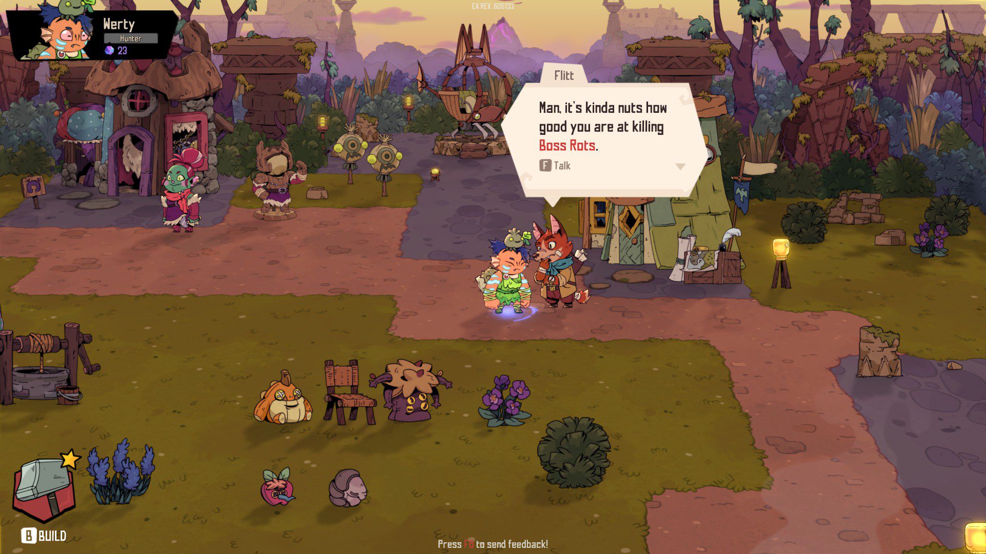 RwodBoss Character Flitt, who is a fox, saying "Man, it's kinda nuts how good you are at killing boss rots"