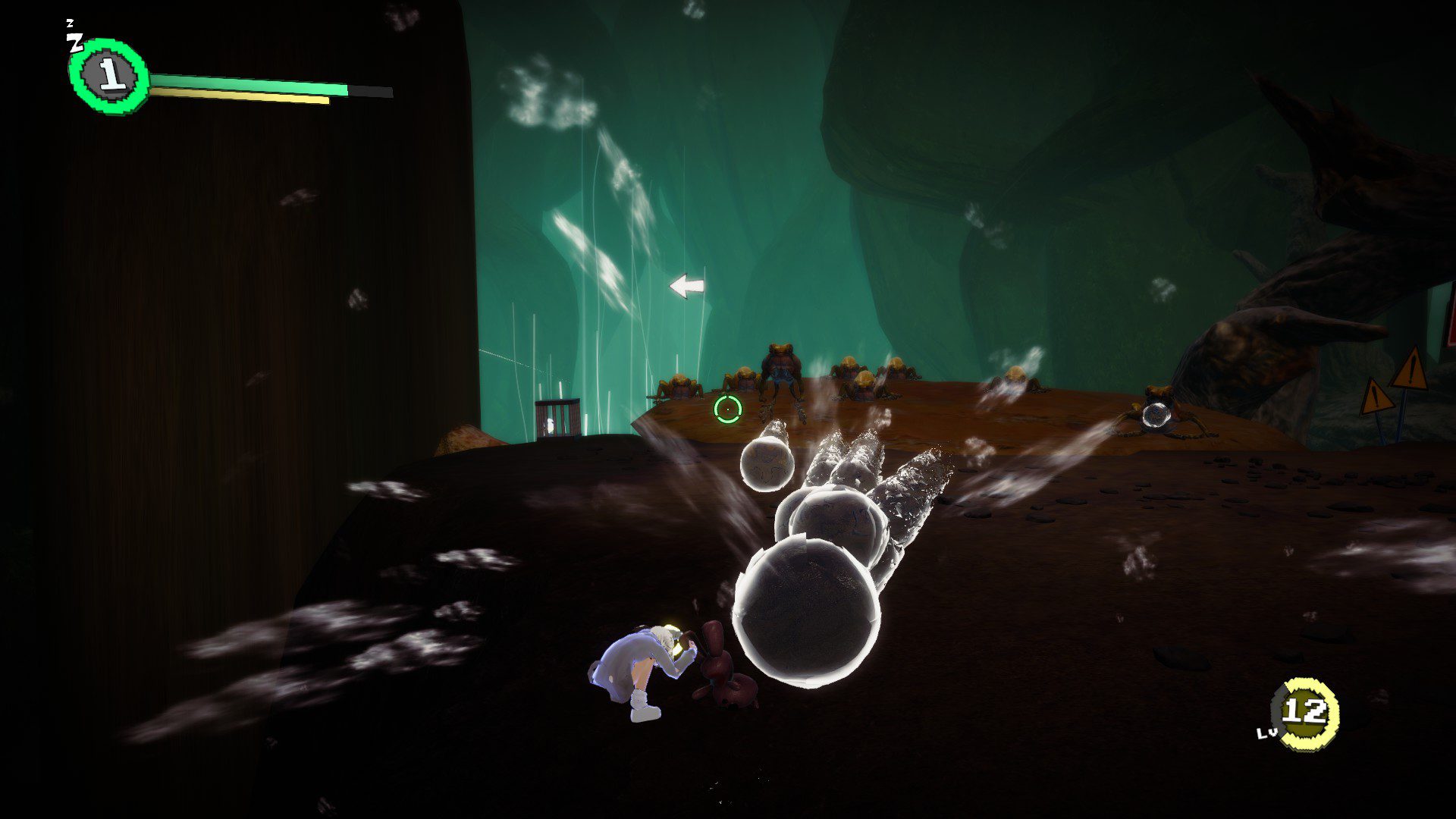 PFTSShots A ridiculous amount of water bubble projectiles aimed at the girl main character as she crouches down with her hands on the back of her head in a turtle position