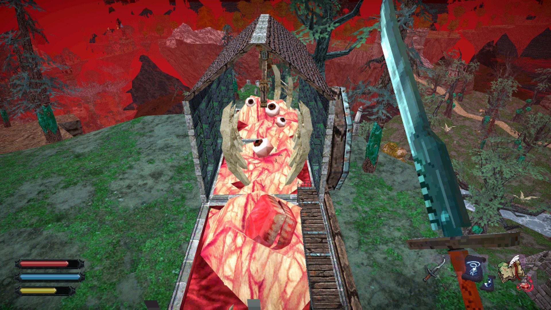 DreDeFlesh A weird goop vat of flesh with eyeballs and teeth detached in different places, with a crane over it