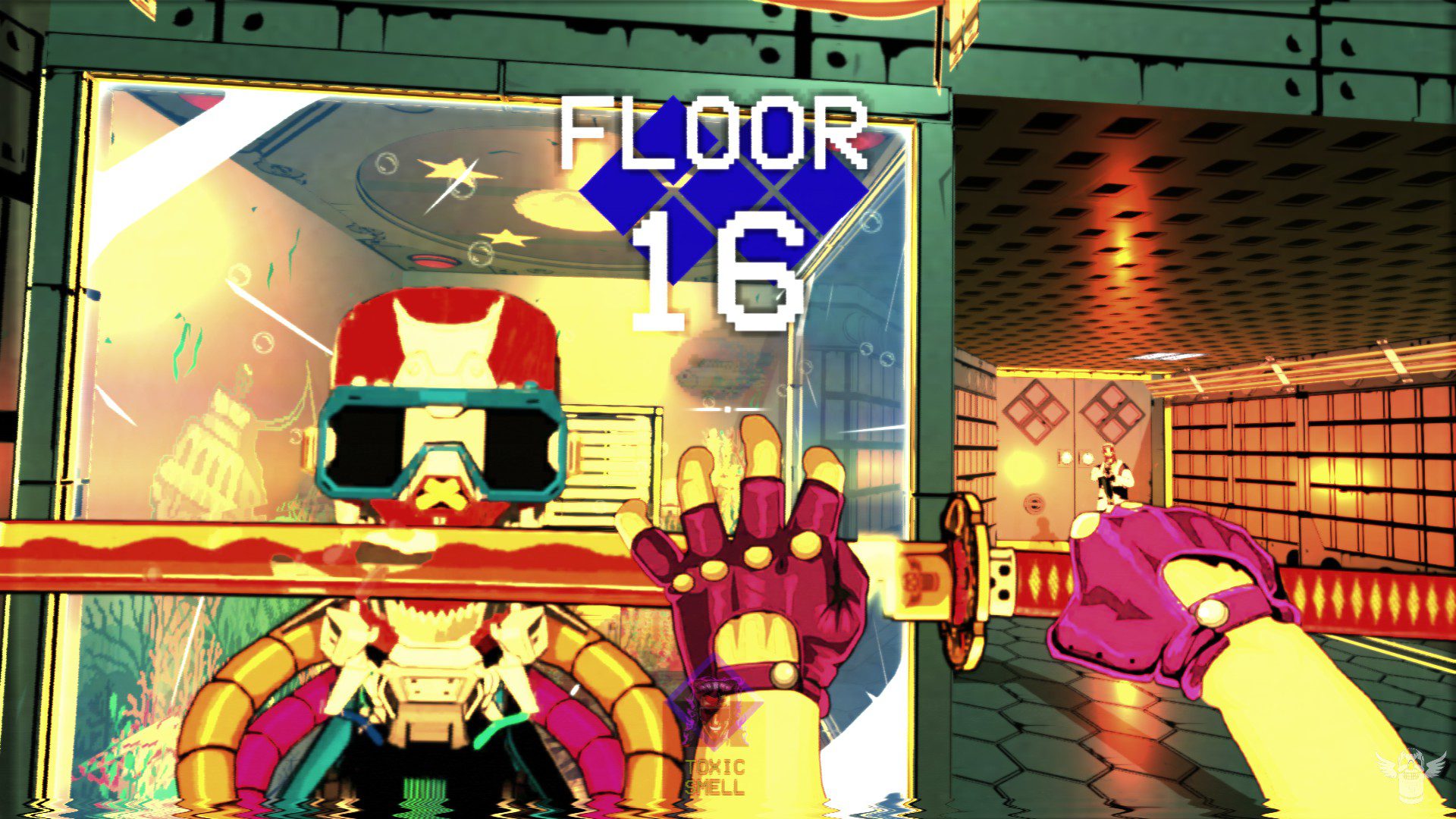 Character holding fire katana with a robot very close in frame, and another further in to the right
