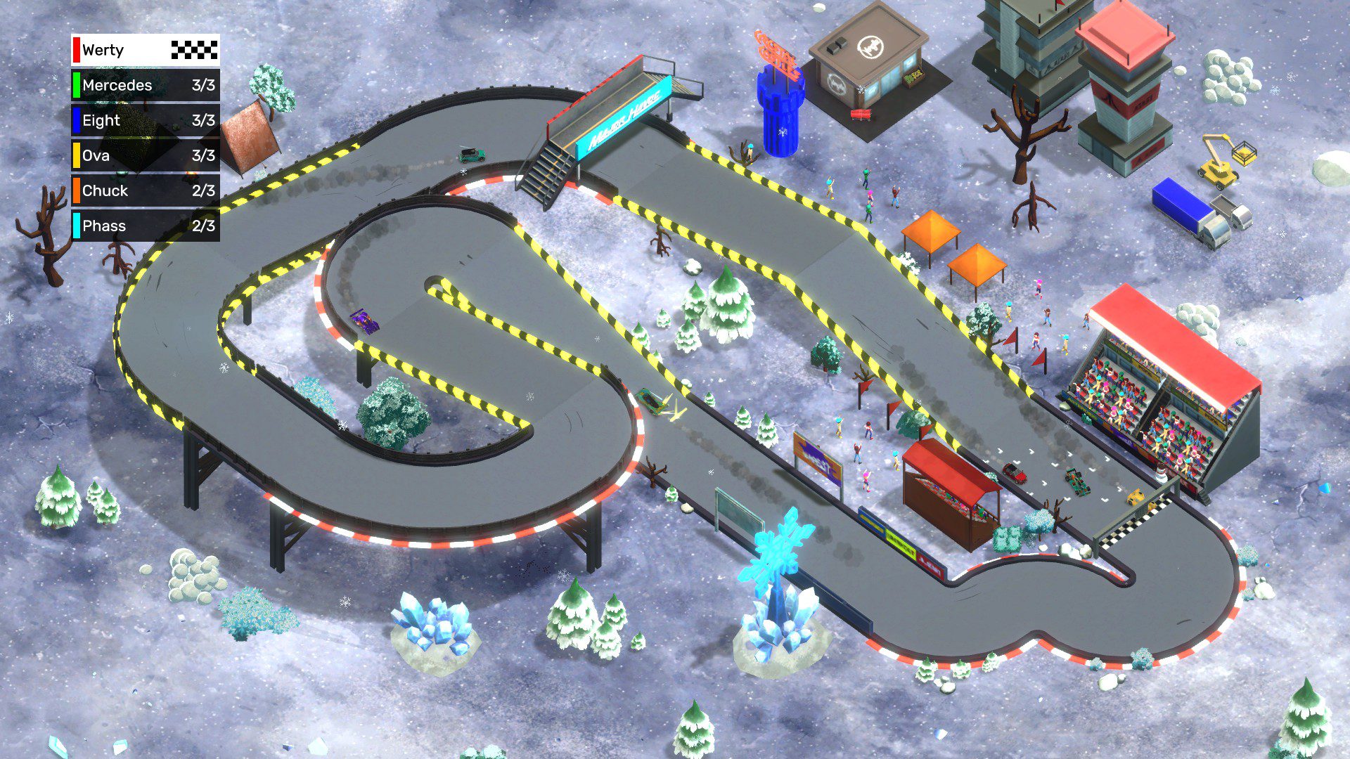A snowy land with a racing track on it, multiple levels high. The ground textures are muddled.
