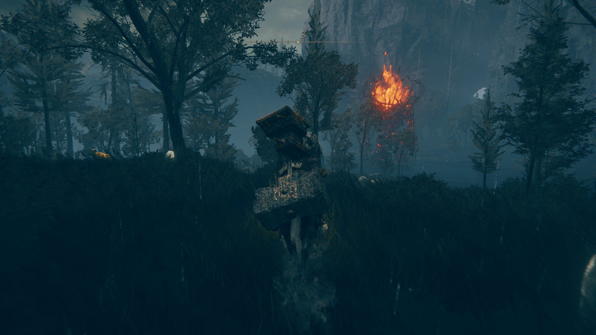 A giant, flaming basket peeking through the woods
