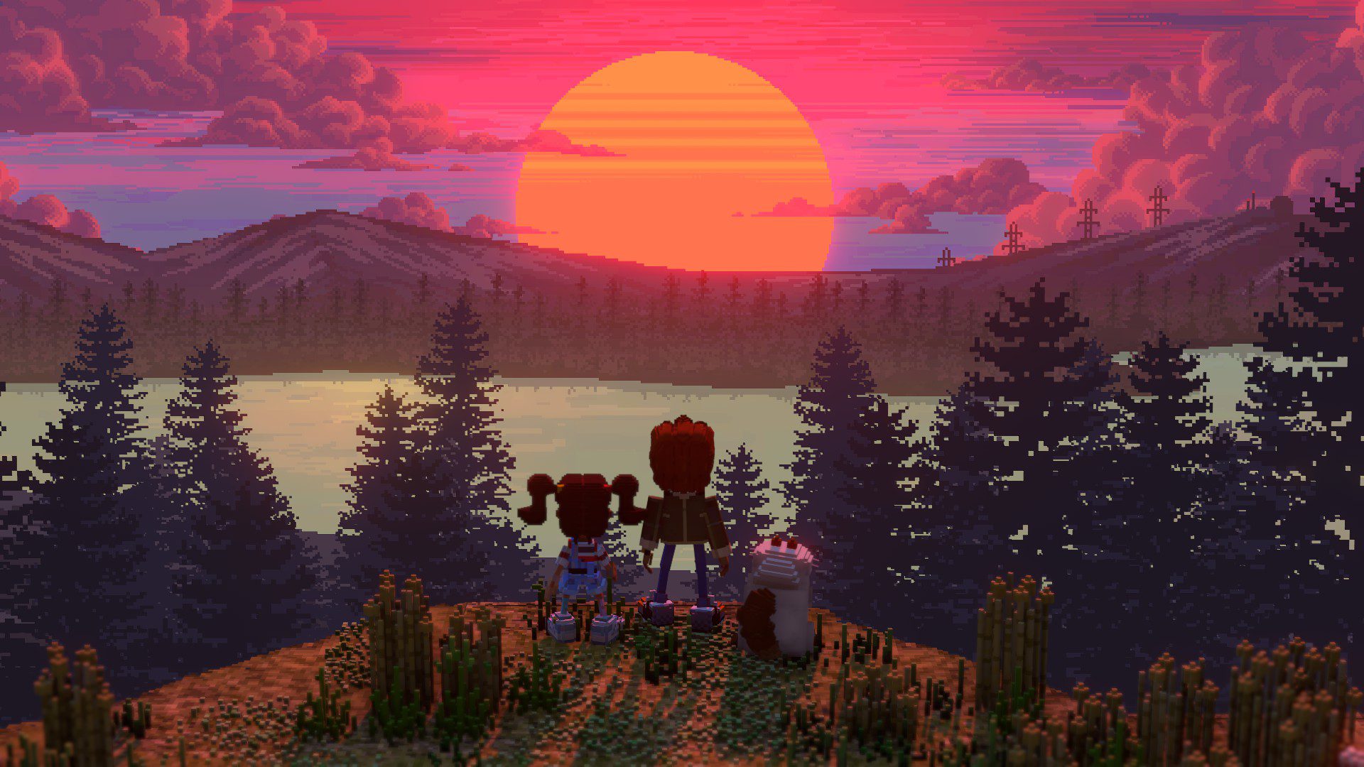 A beautiful sunset, the distant areas are more pixelated and 2D compared to the voxels in the forefront
