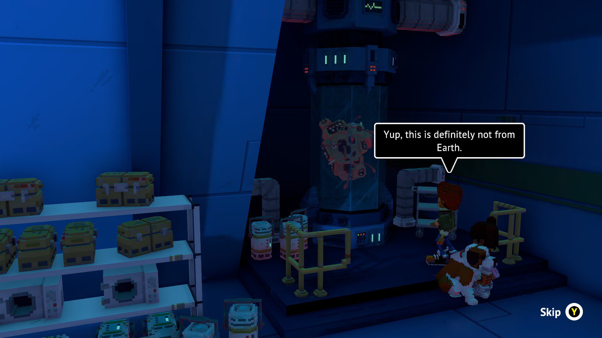 A character describing an alien in a tube by saying "Yup, this is definitely not from Earth"